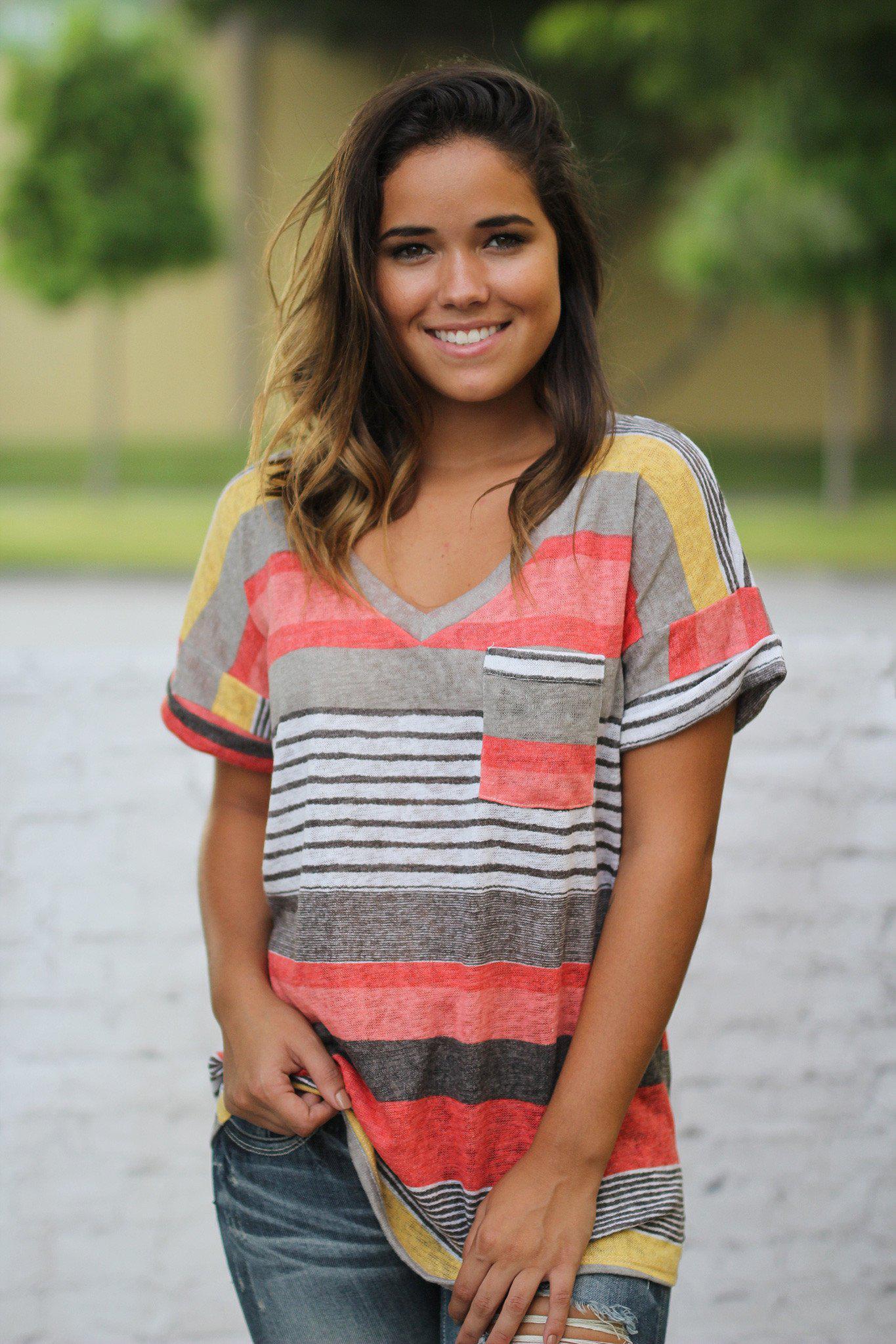 Stylish Women's Coral And Yellow Short Sleeve V-Neck Top With A Charming Front Pocket