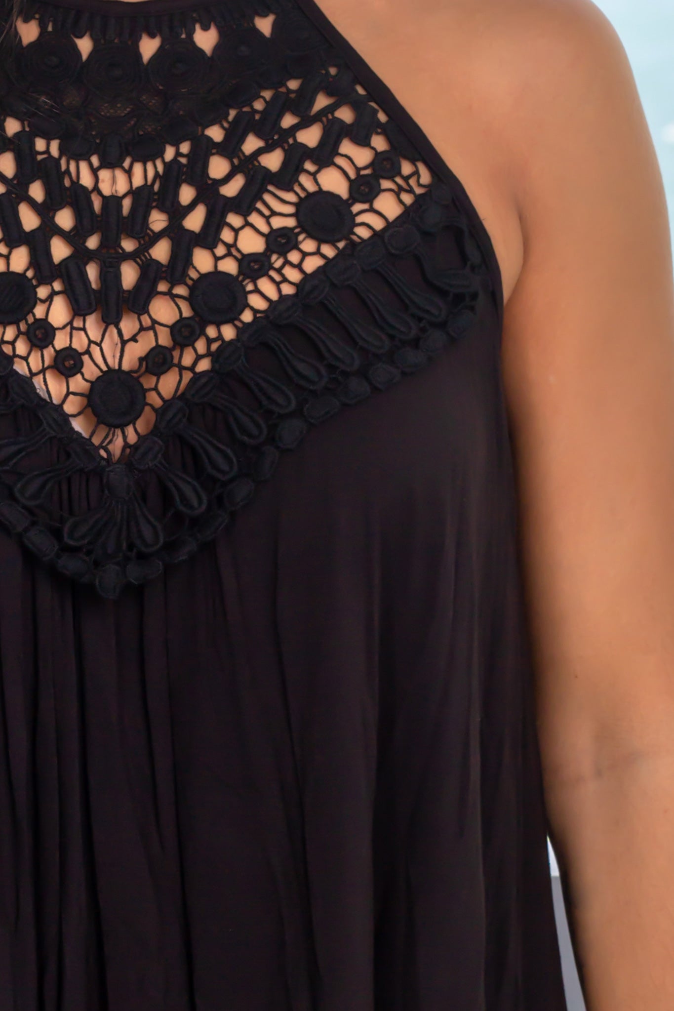 Adorable Black Sleeveless Halter Top with Crochet Accents