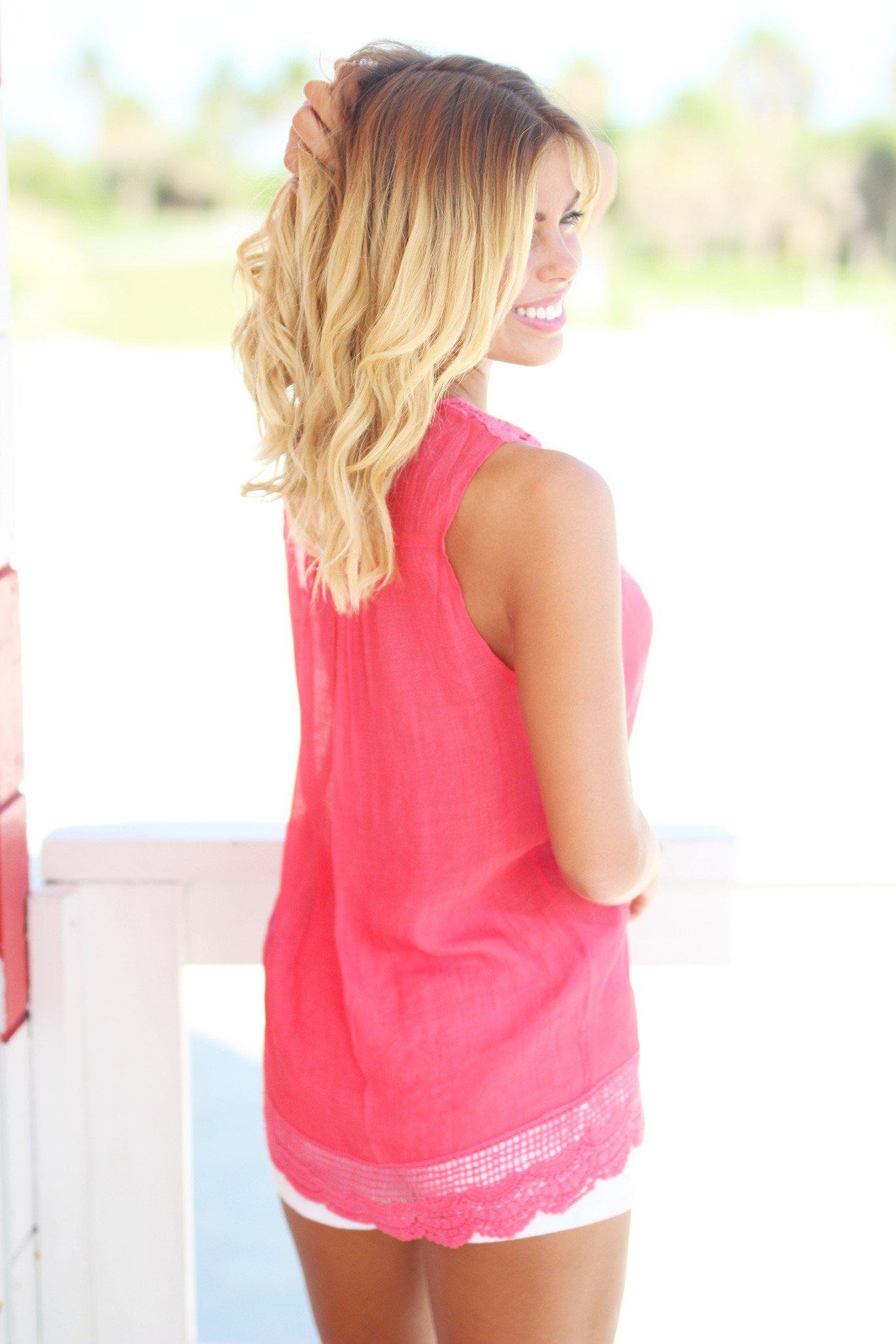 Women's Adorable Coral-Colored Lace Sleeveless Top