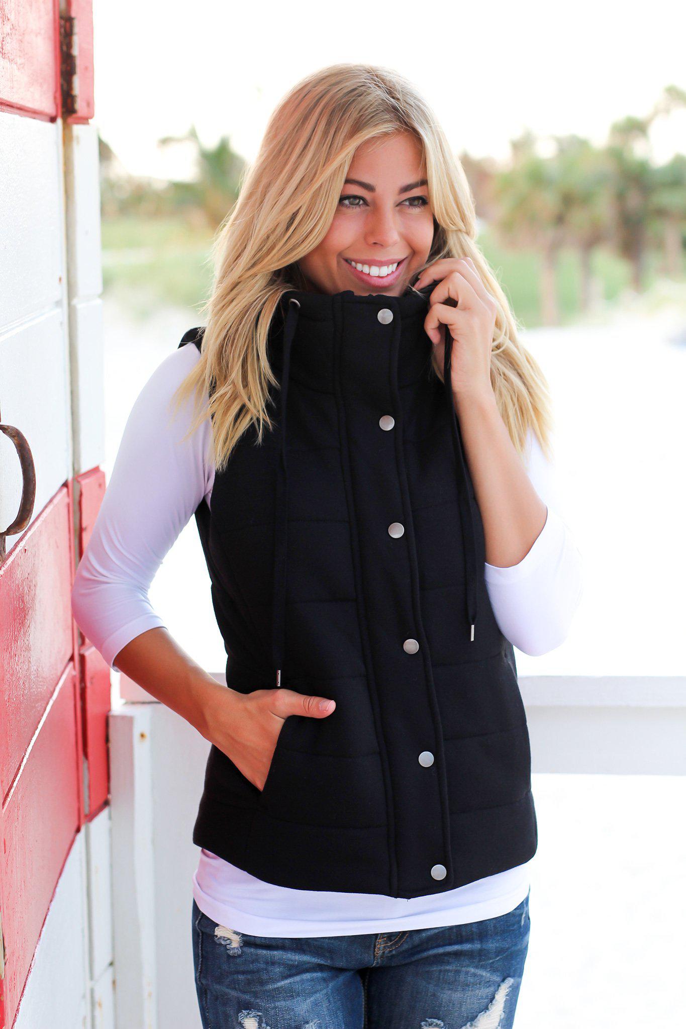 Stylish Black Quilted Hooded Vest with Waist Drawstring and Pockets