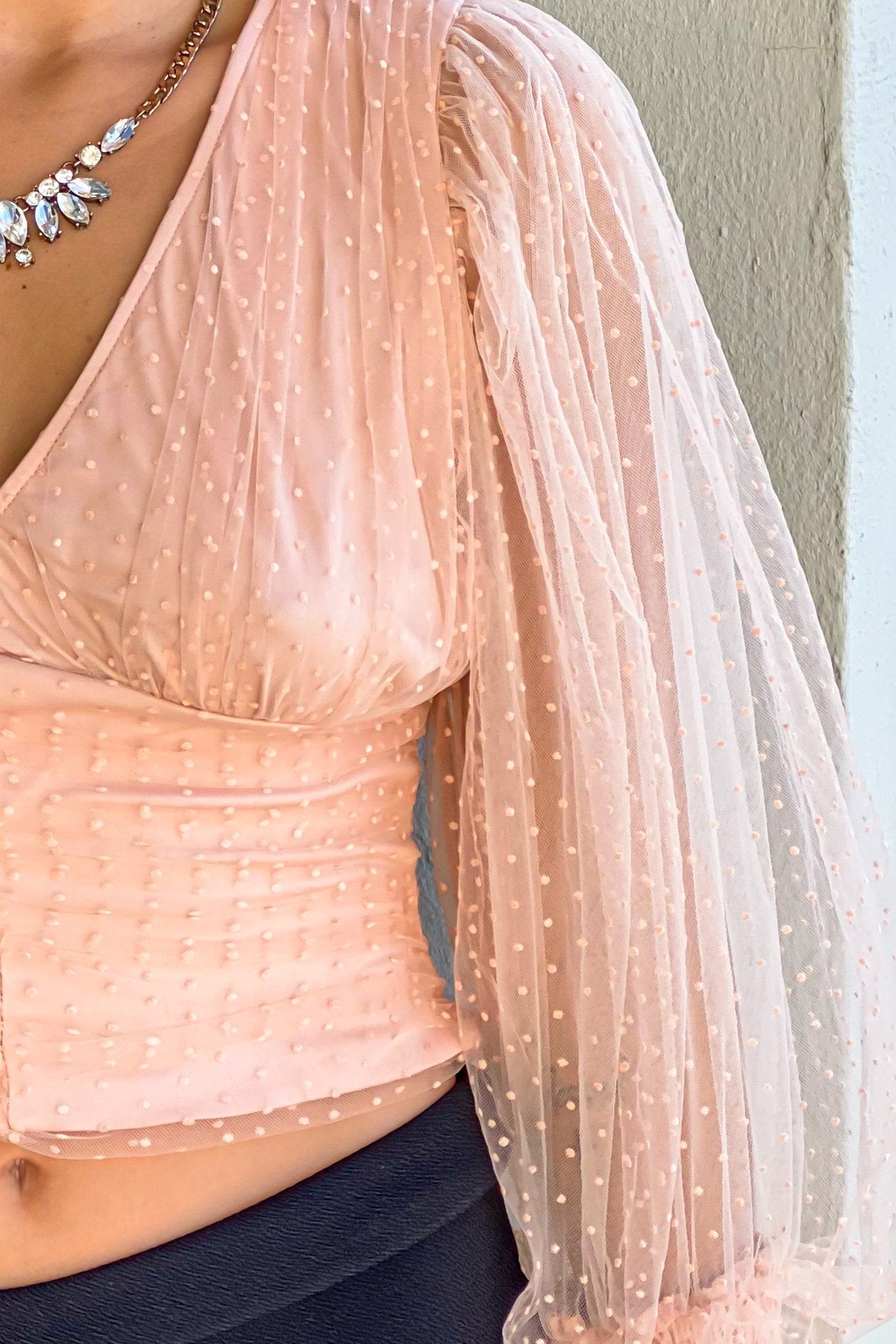 Stylish Blush Women's Long Sleeve Top with Puffy and Polka Dot Tulle Sleeves