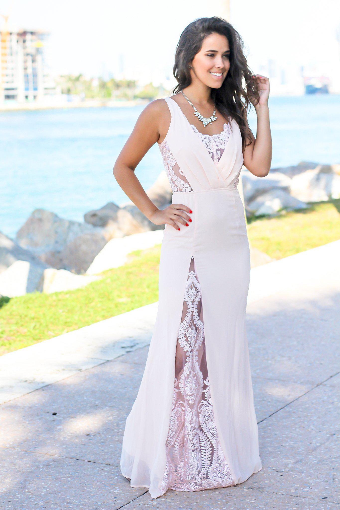 Elegant Blush Maxi Dress with Delicate Lace Side Slit