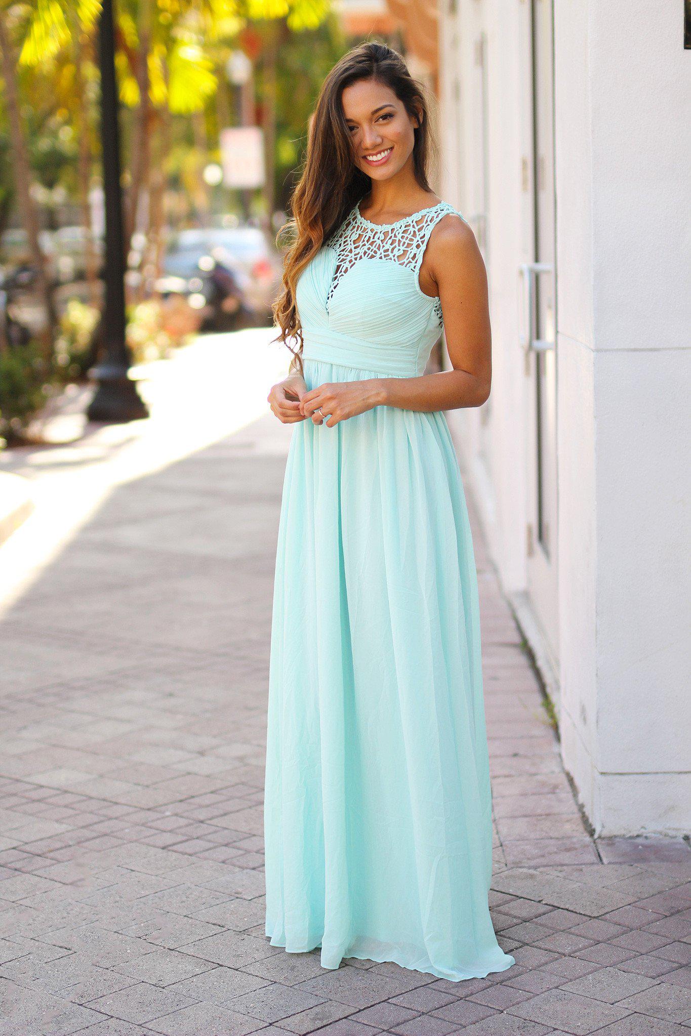 Exquisite Mint Green Crochet Design Maxi Bridesmaid Dress