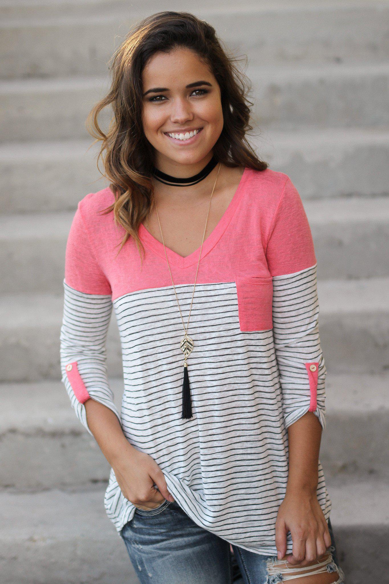Stylish Women's Coral Striped Casual Top with a Convenient Front Pocket