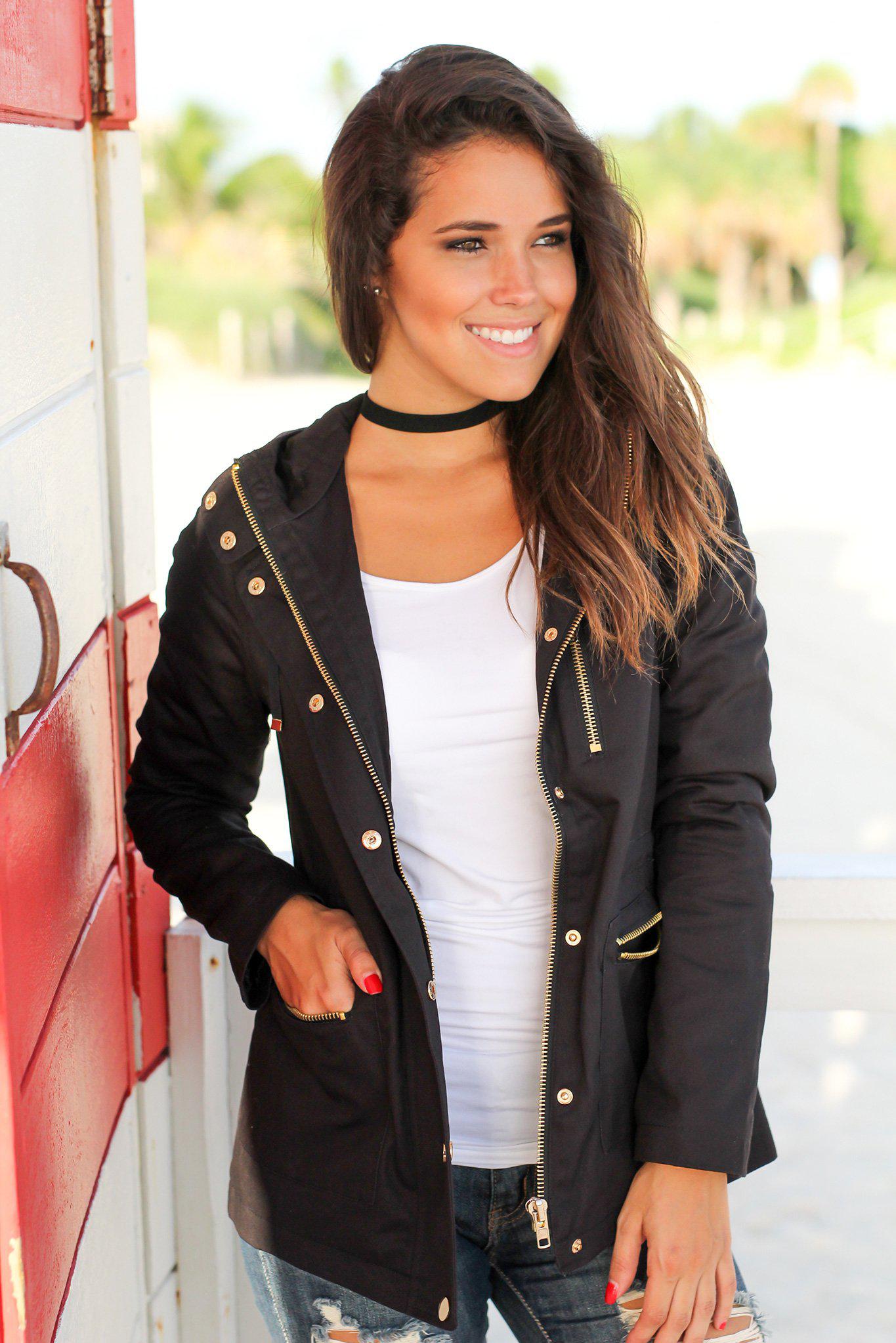 Stylish Fall and Winter Black Cotton Jacket with Shiny Gold Zippers and Buttons