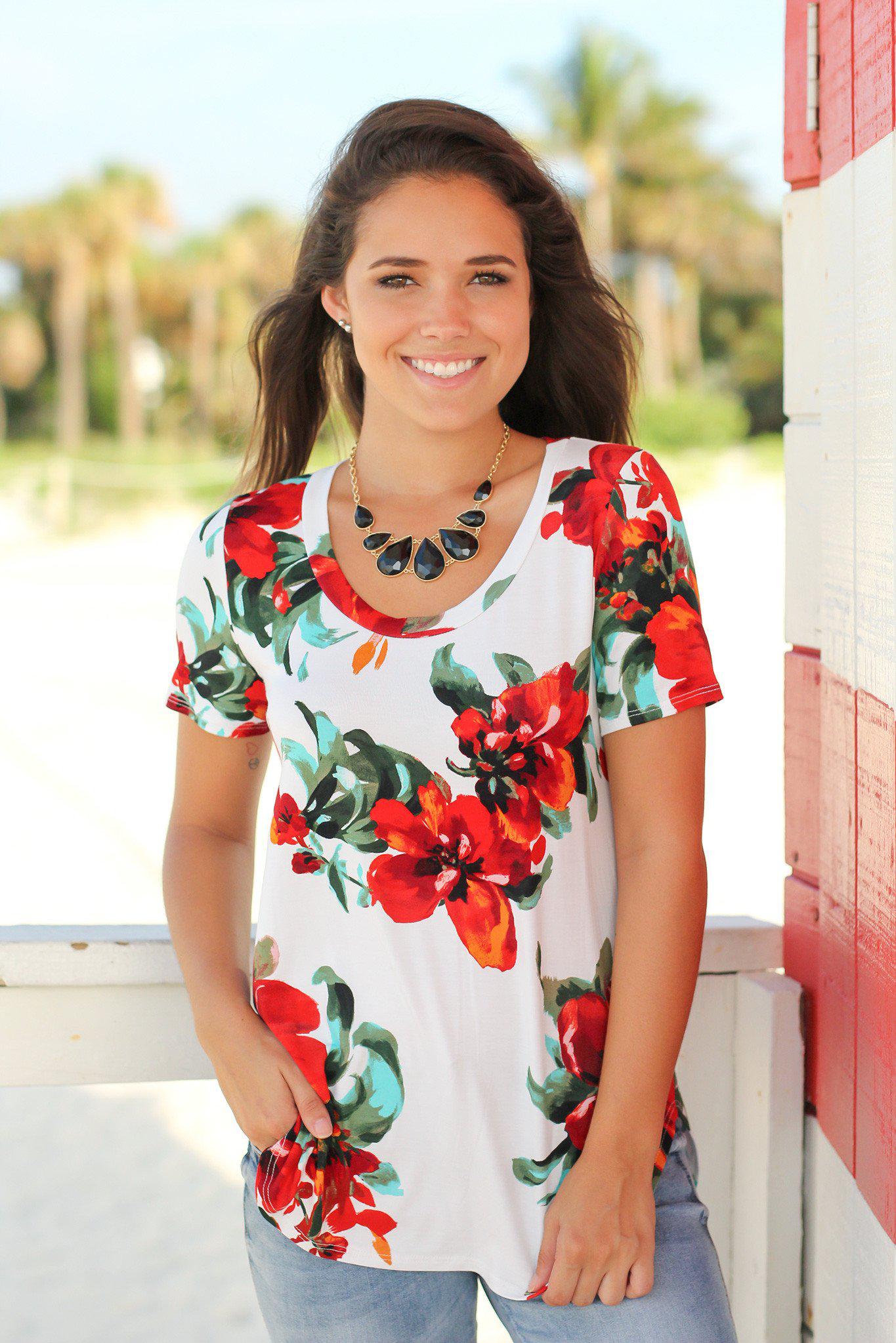 Charming Ivory and Red Floral Women's Top for Spring and Summer