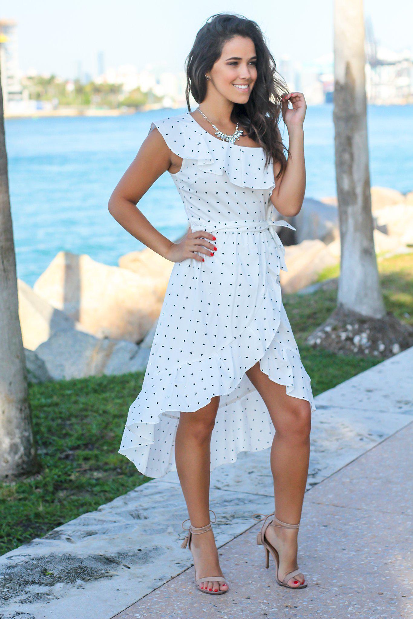 Stylish Ivory and Black Polka Dot High Low Summer Dress
