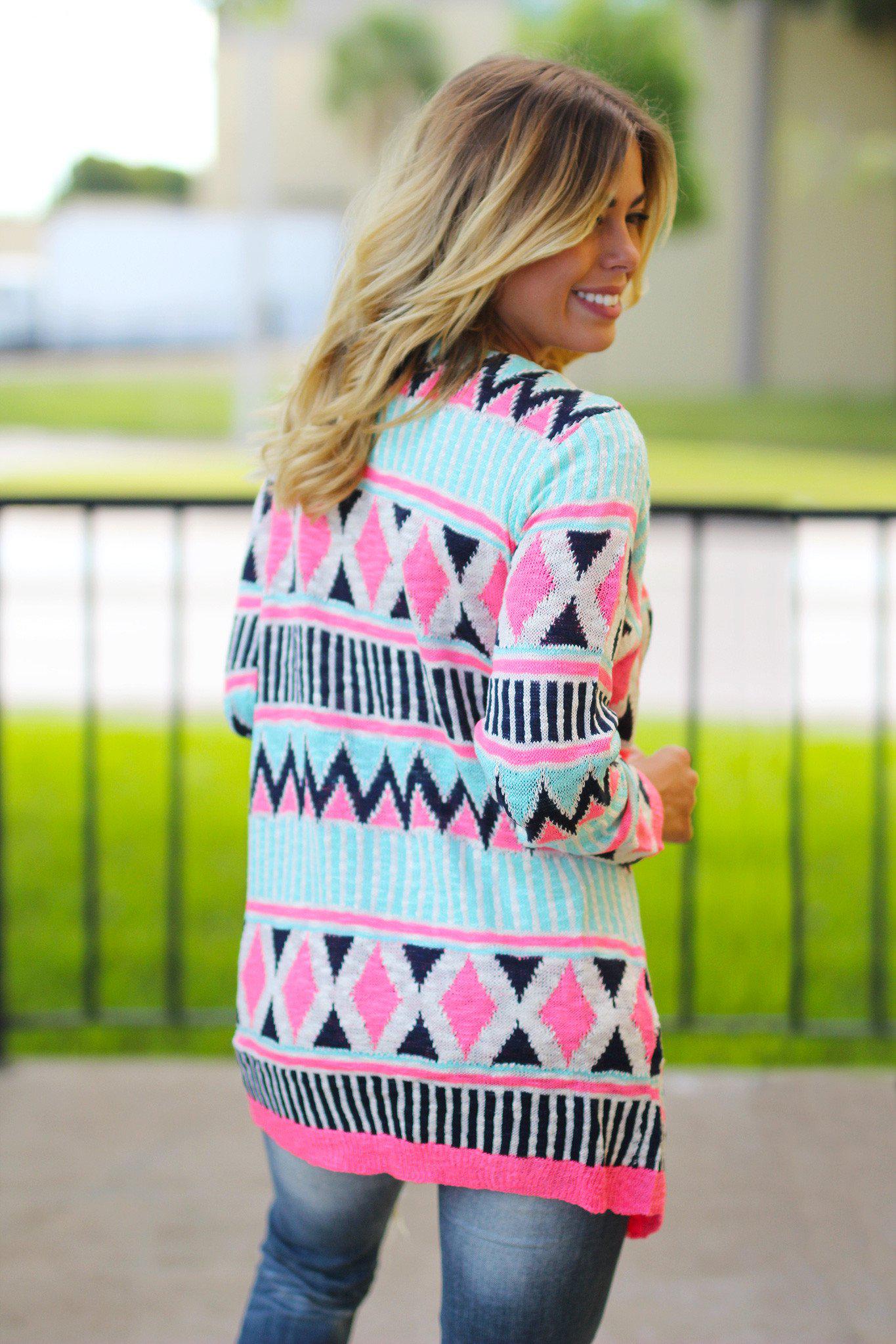 Stylish Mint and Neon Pink Knit Open Cardigan for Fall and Winter