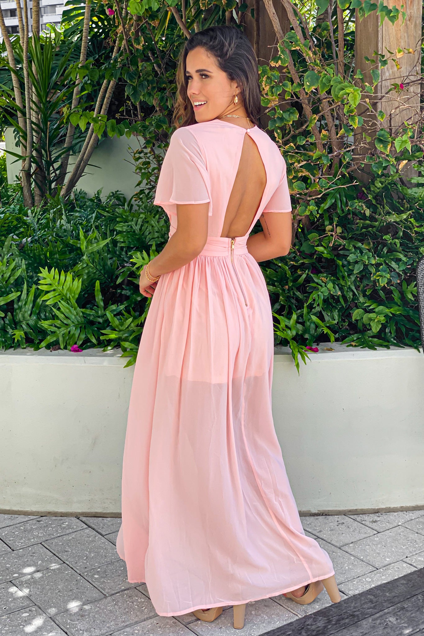 Stunning Mauve Women's Maxi Dress with Short Sleeves