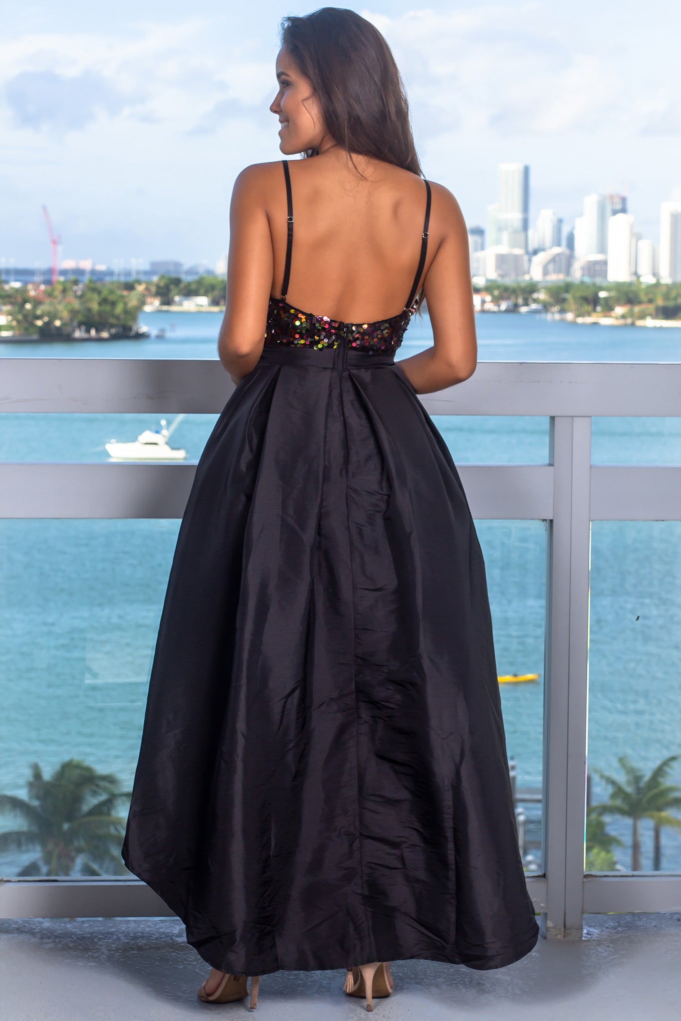 Gorgeous Black Sequin-Embellished Top High Low Style Women's Dress with Functional Pockets