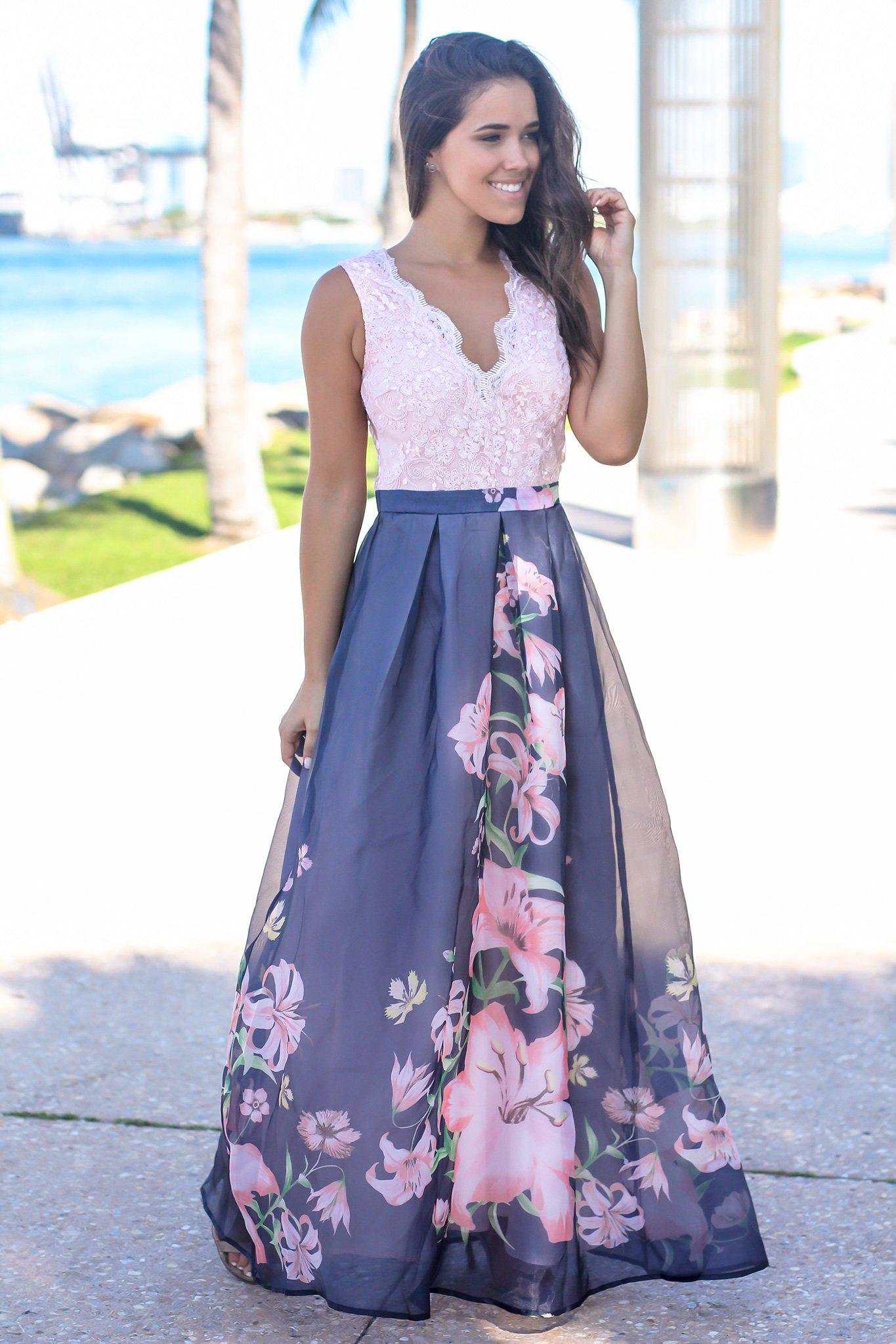 Gorgeous Blush and Navy Floral Sleeveless Maxi Formal Dress