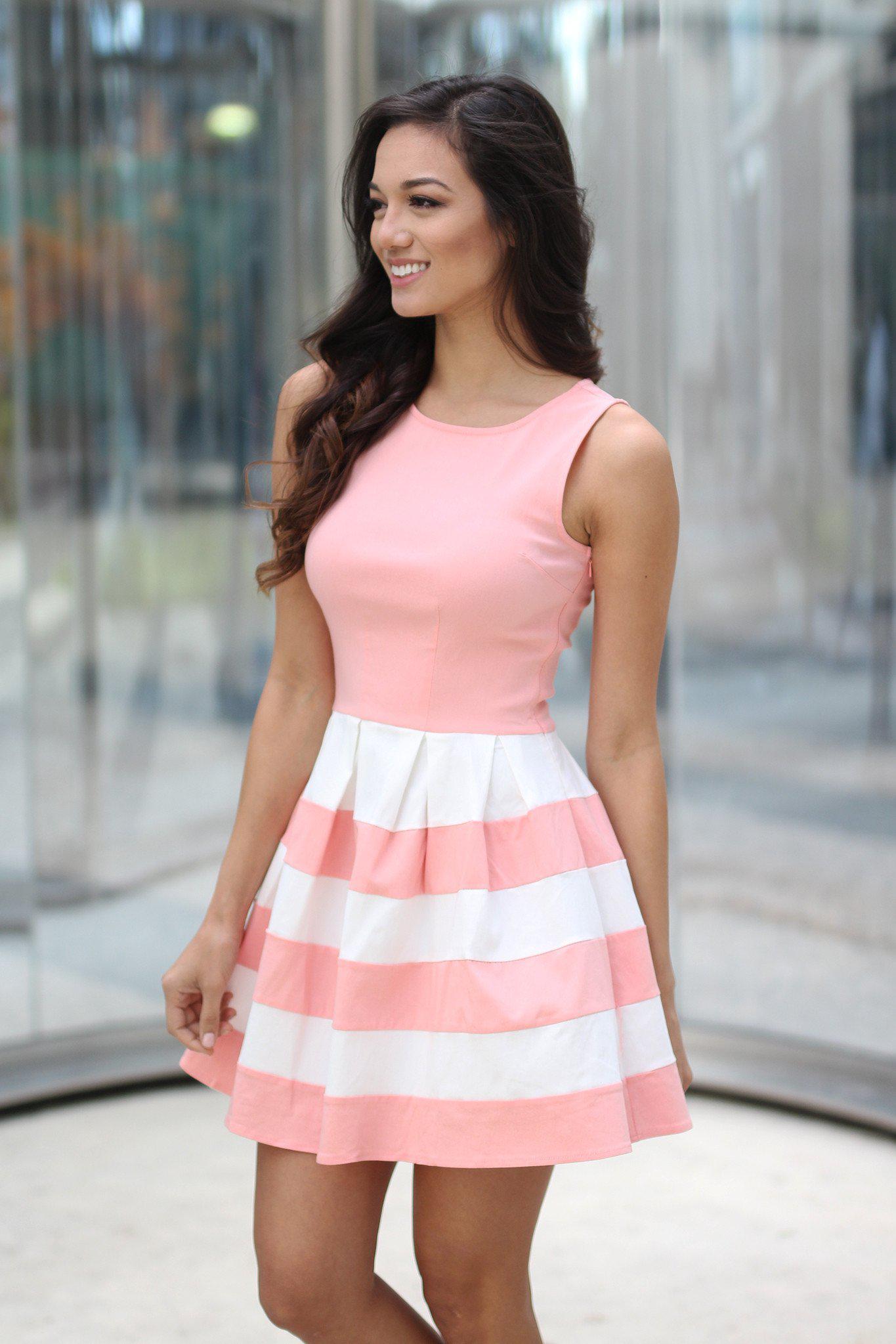 Flirty Blush and White Color Block Sleeveless Short Dress for Spring/Summer