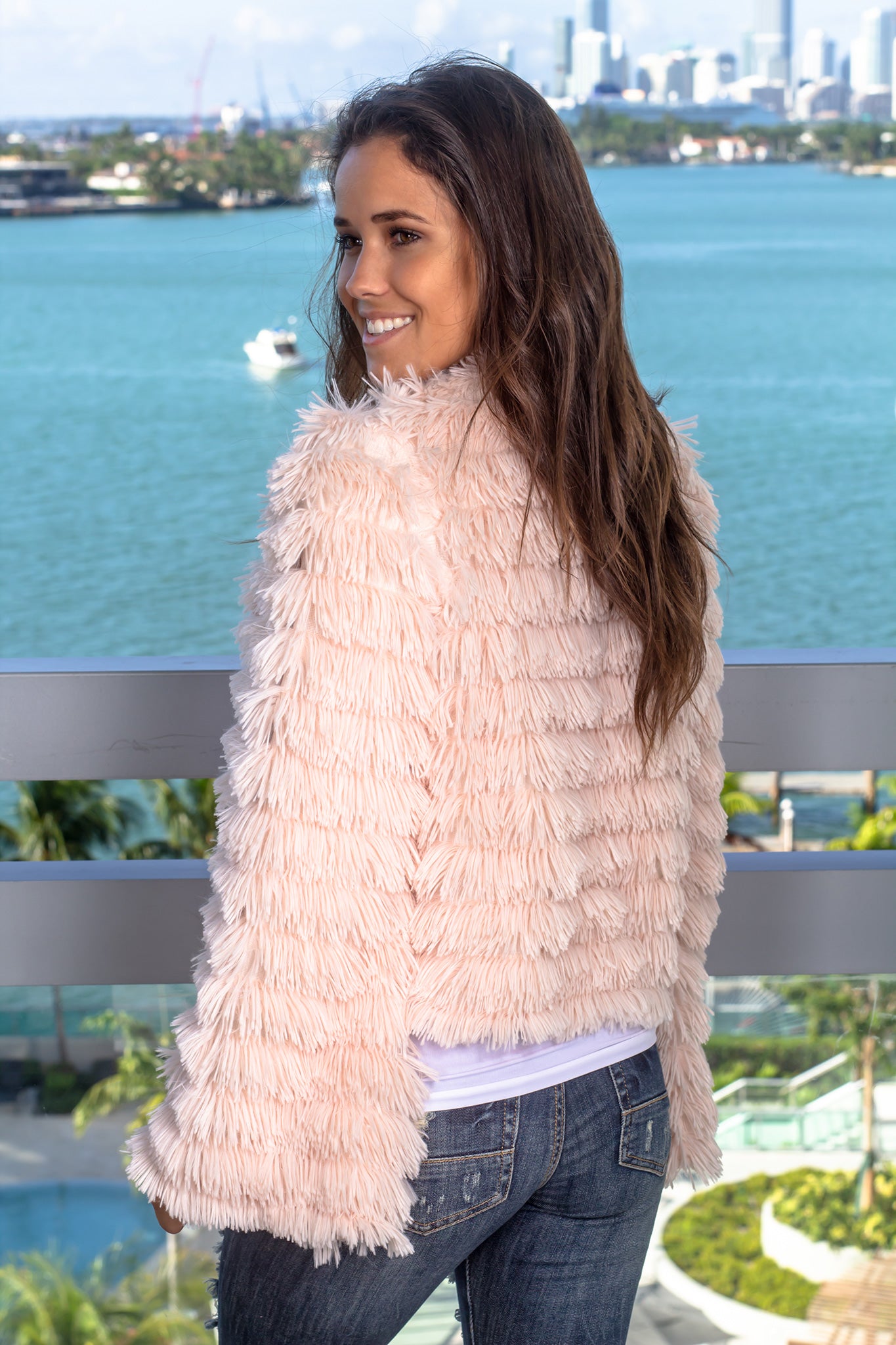 Stylish Blush-Colored 100% Polyester Fuzzy Jacket for Trendy Look