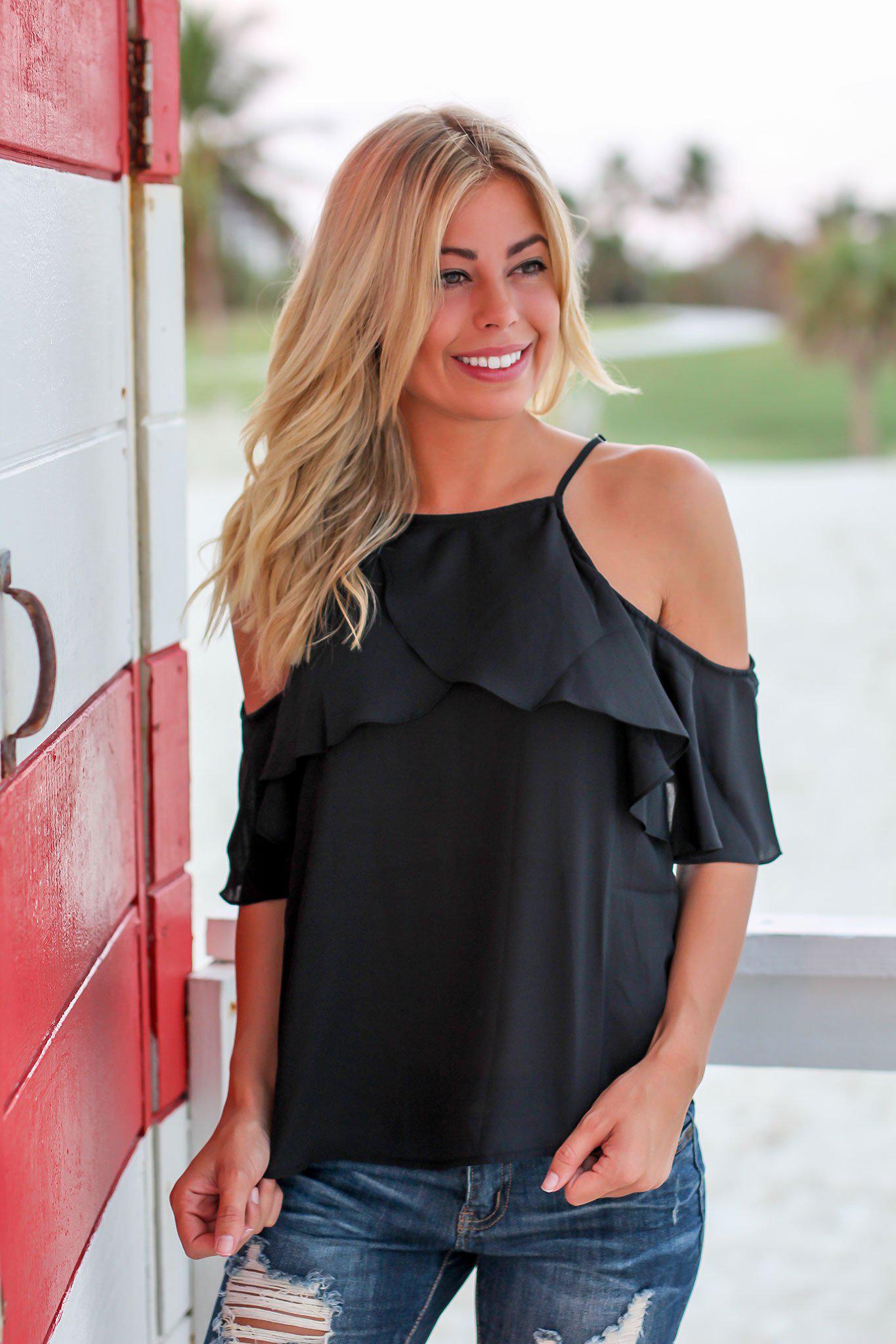 Stylish Black Open-Shoulder Ruffle Top for Fashionable Look