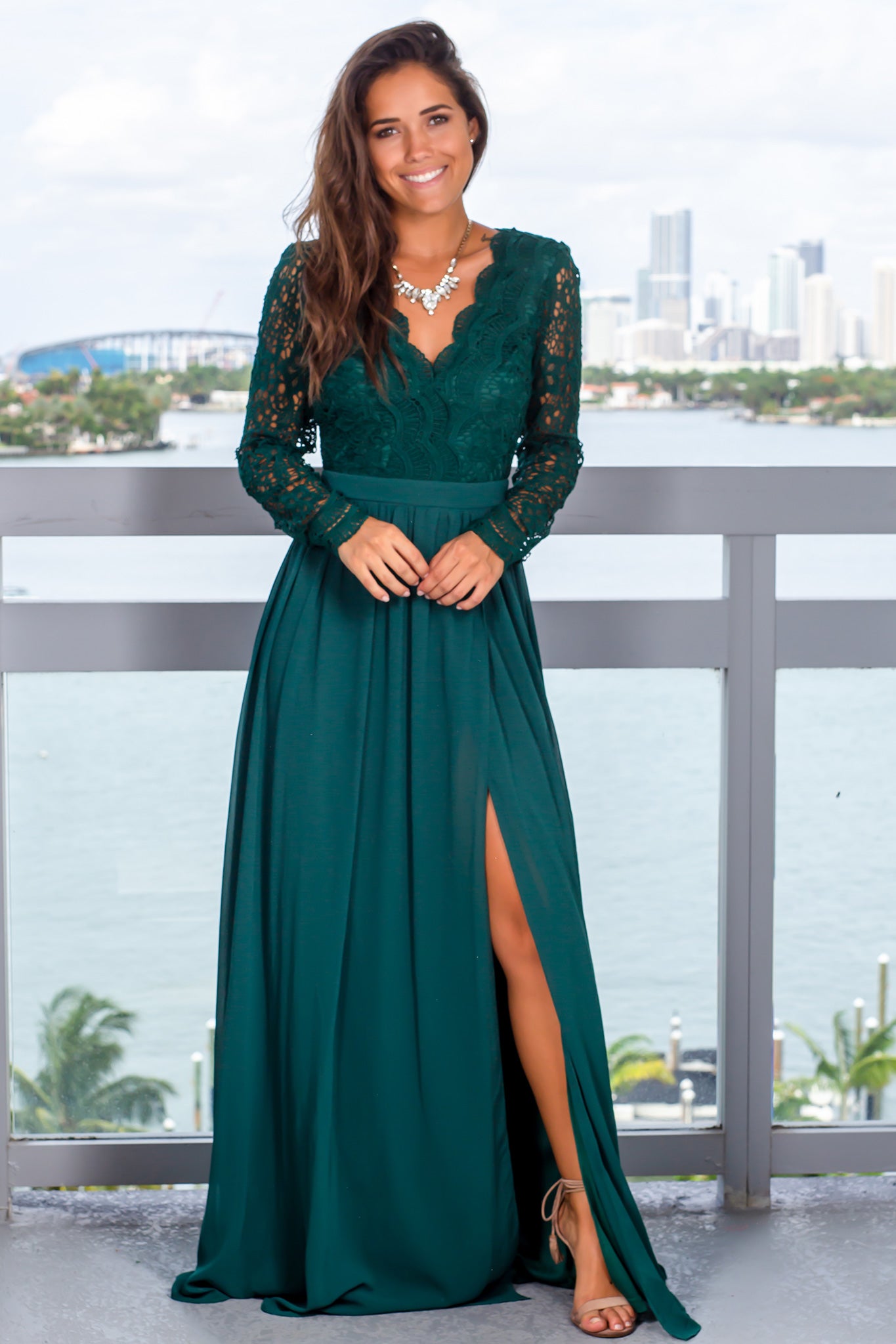 Elegant Hunter Green Women's Long - Sleeved Maxi Dress for Formal Occasions