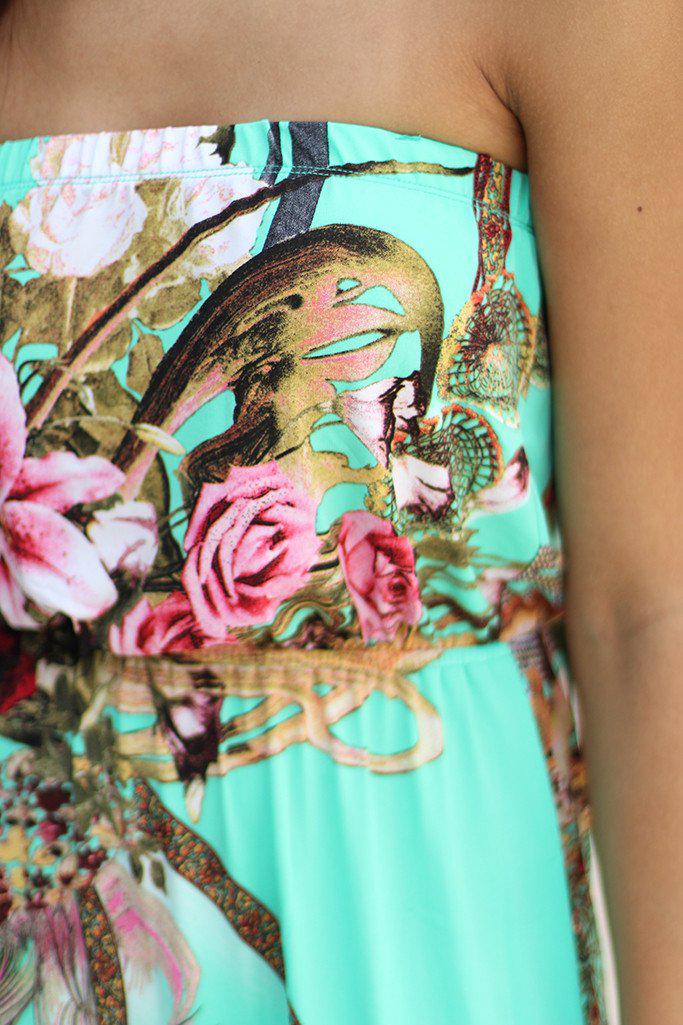Stunning Mint Floral Strapless Maxi Dress with Beautiful Slit