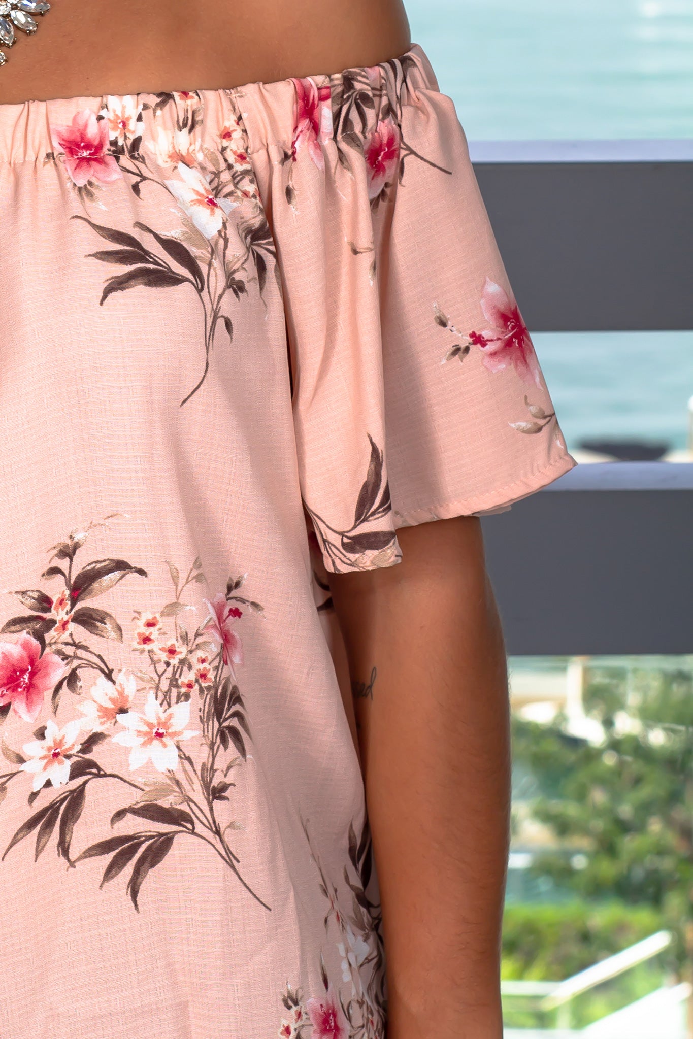 Adorable Blush Floral Off - Shoulder Loose - Fit Rayon Top