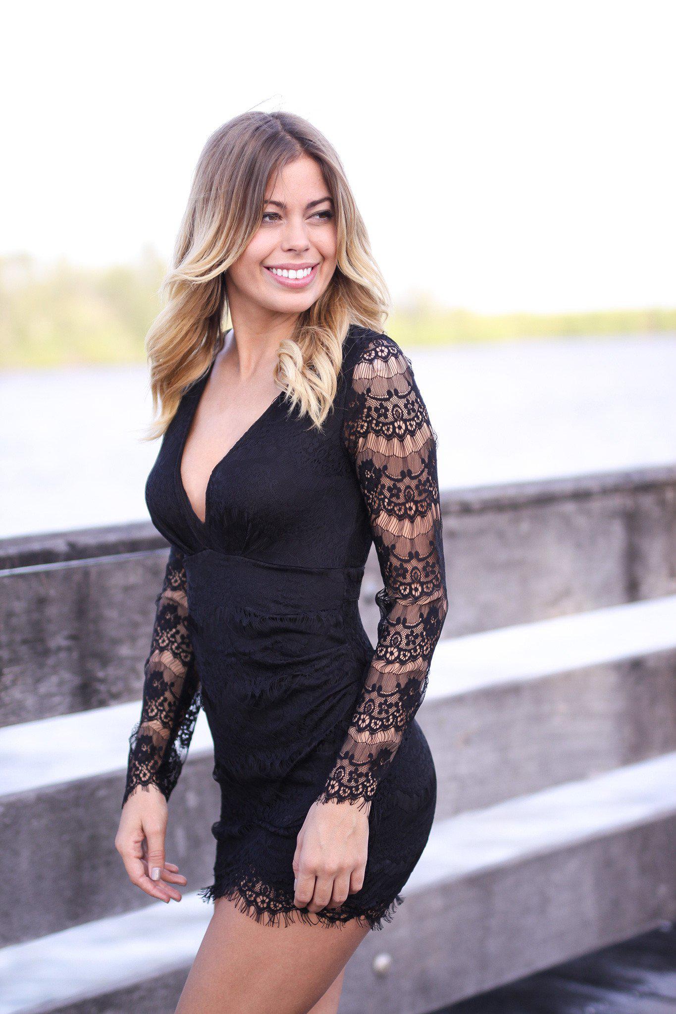 Elegant Women's Black Lace Long-Sleeved Short Dress with Open Back for Special Occasions