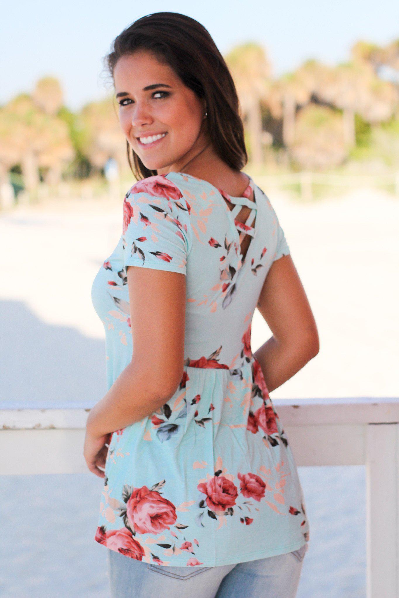 Spring and Summer Must-Have Mint Floral Short Sleeve Women's Top with Criss Cross Back Design