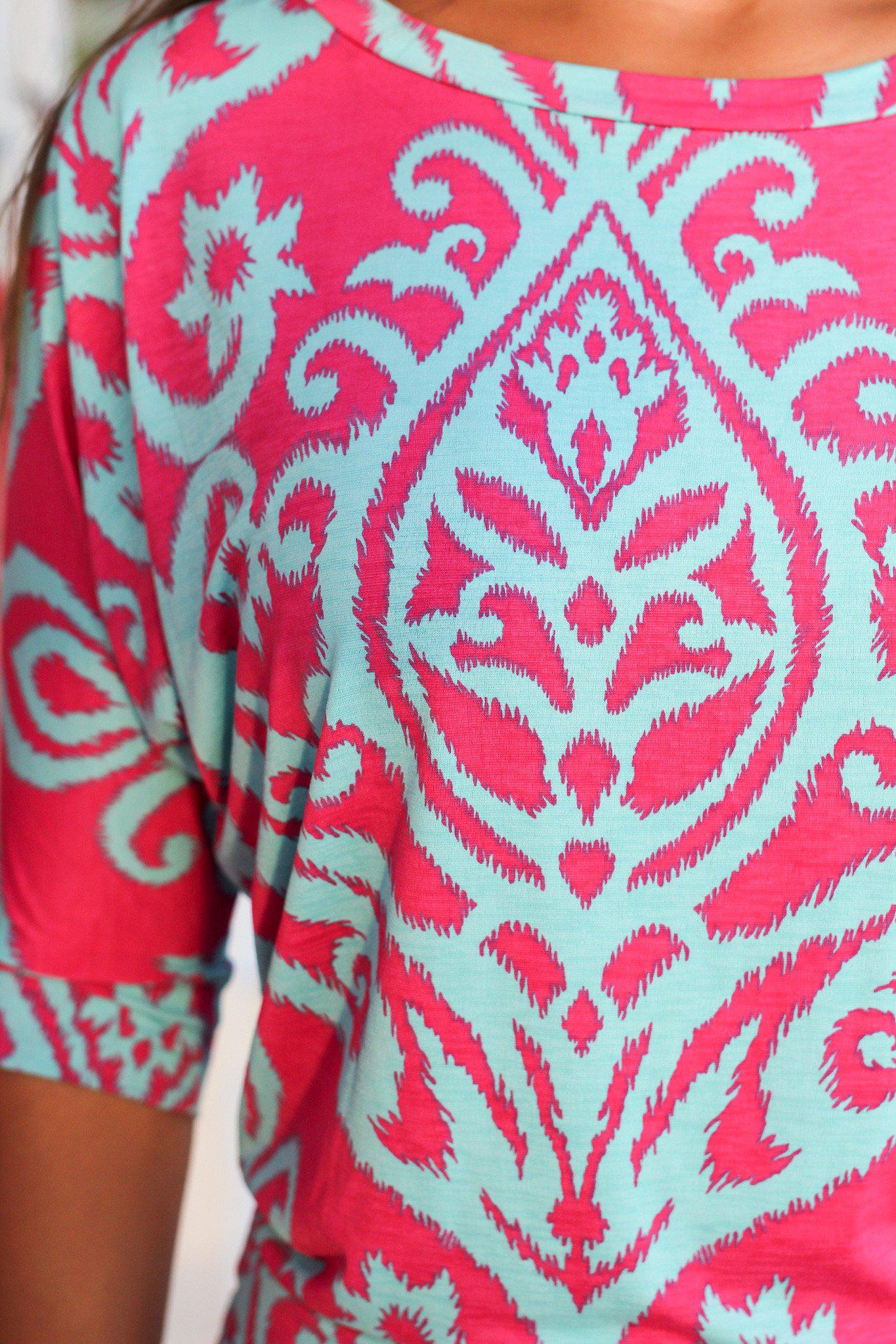 Fashionable Mint and Fuchsia Printed Women's Dolman Style Casual Top