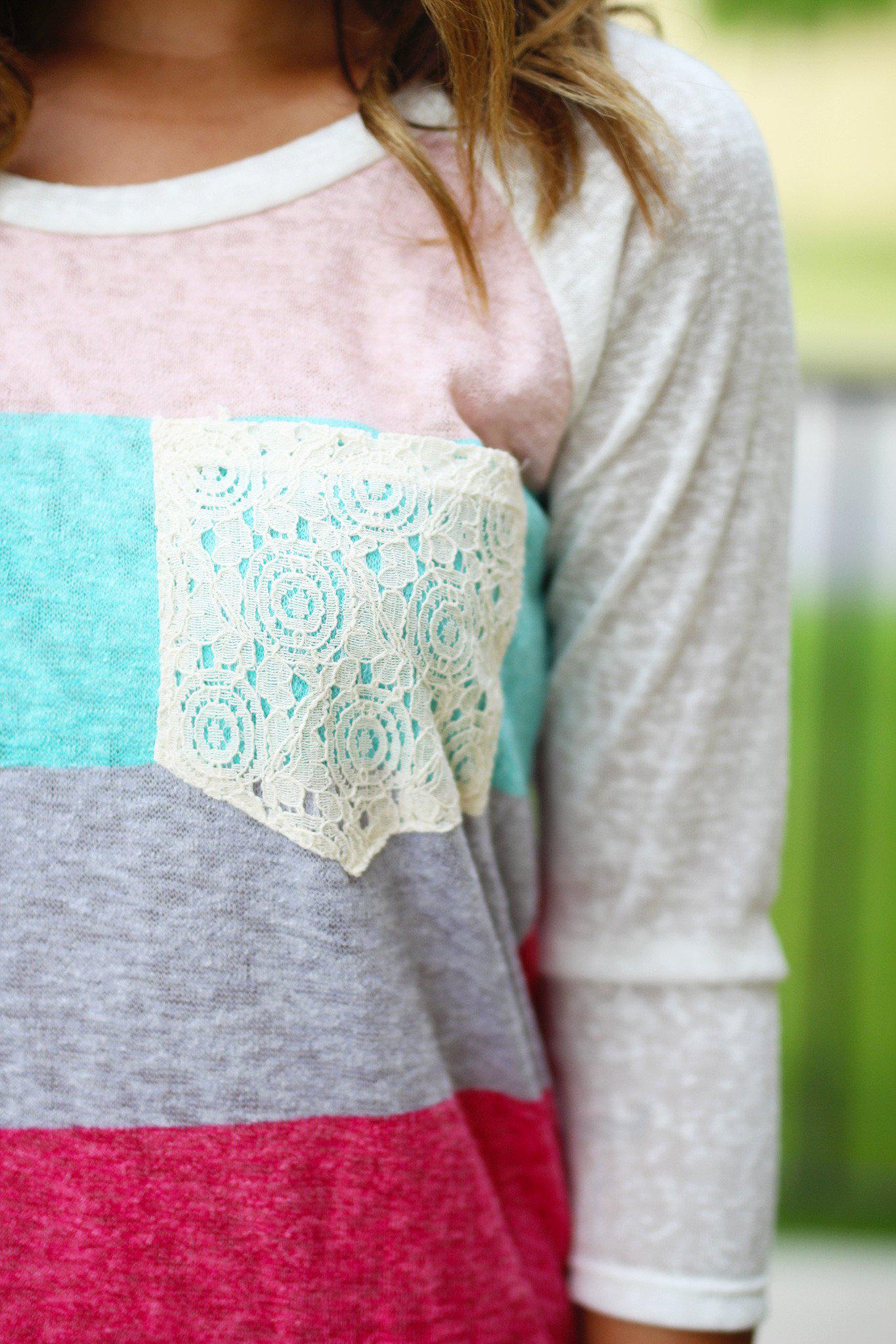Stylish Coral and Mint Colored Women's Crochet Pocketed Top