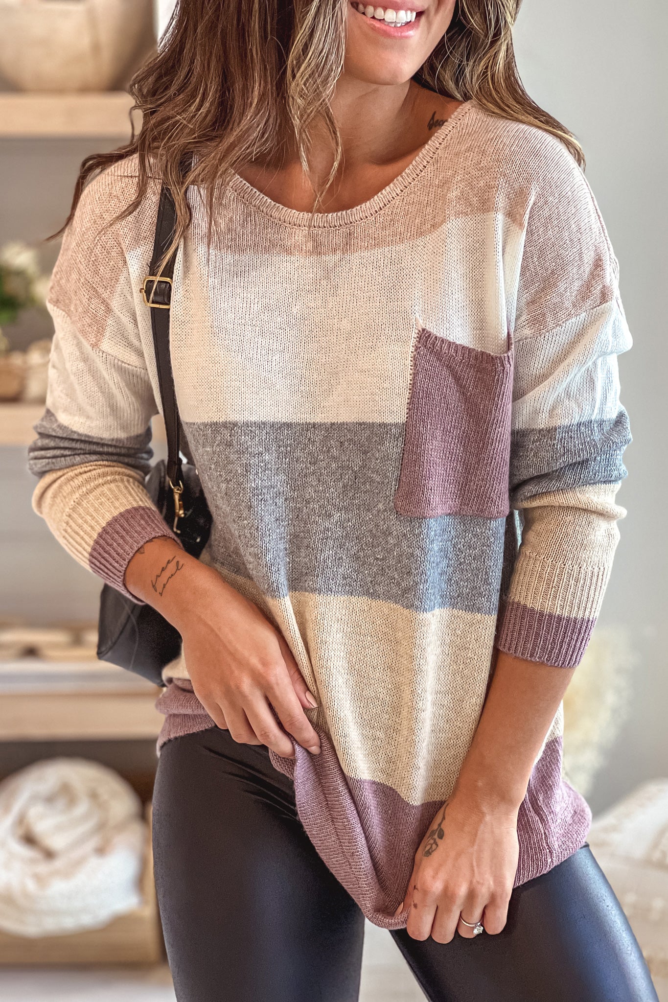 Soft and Stylish Multi - Color Block Knit Sweater with Front Pocket