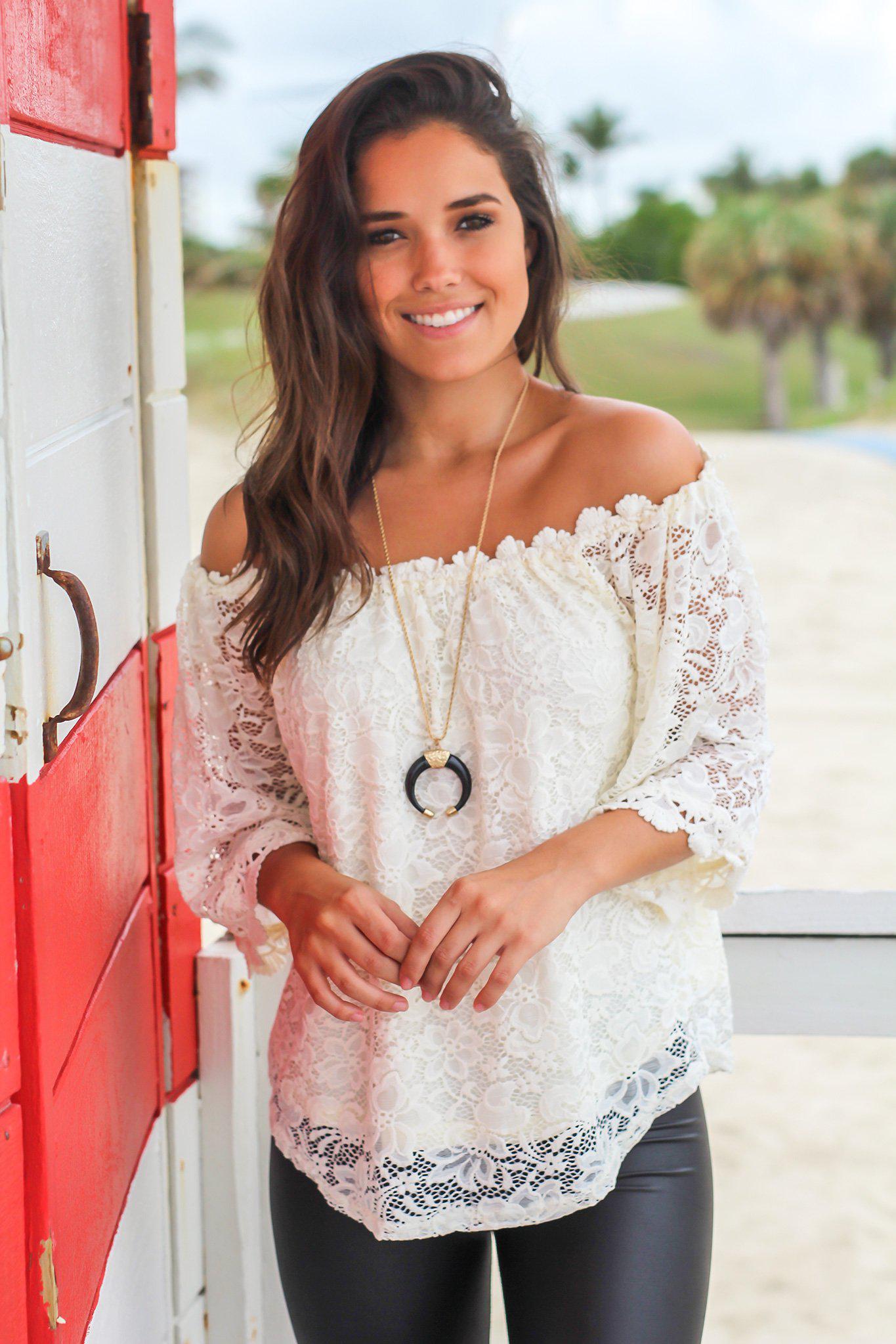 Women's Cream-colored Lace Off-the-shoulder Casual Top