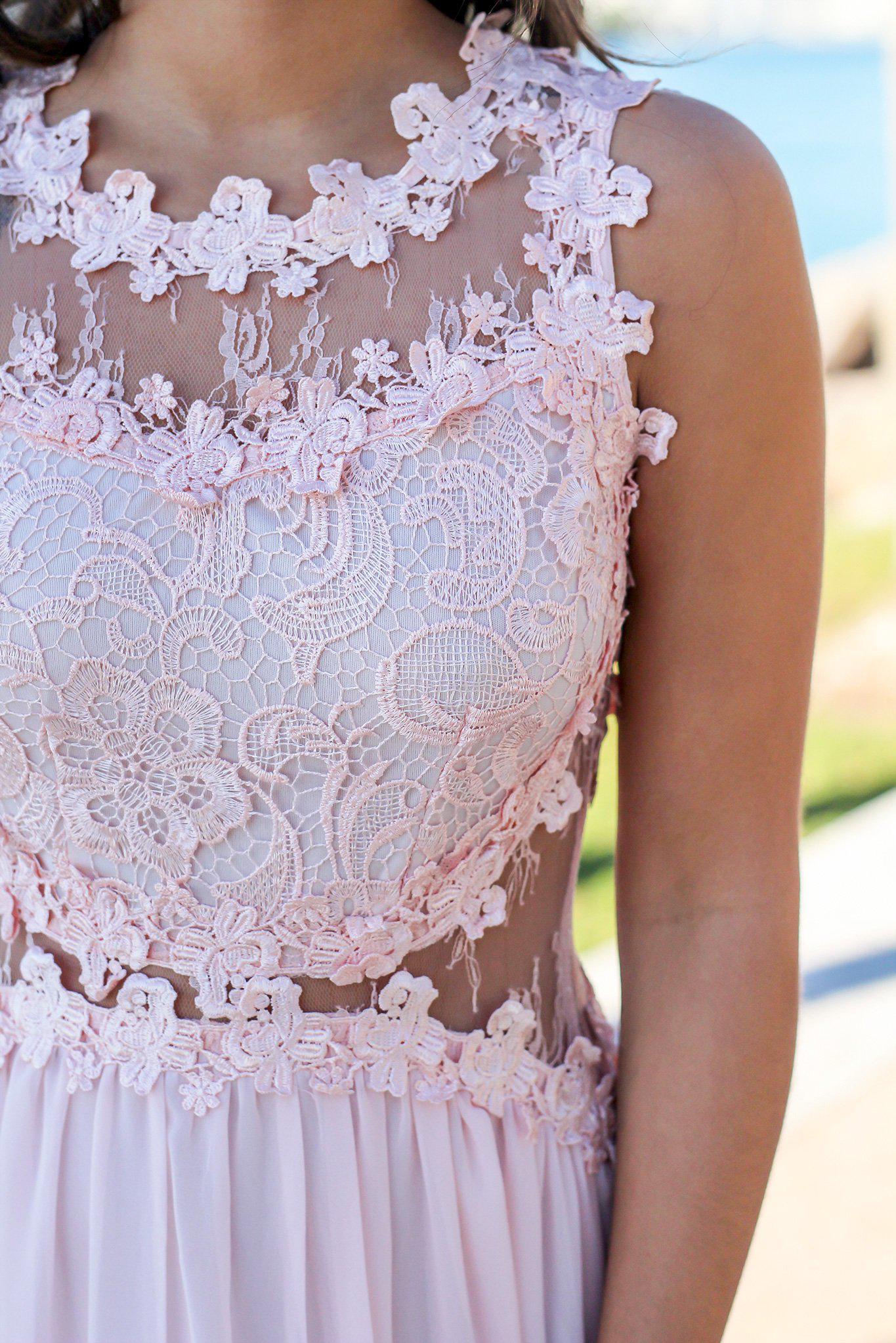 Elegant Blush-Colored Lace Top Long Maxi Dress with Tulle Back for Special Occasions