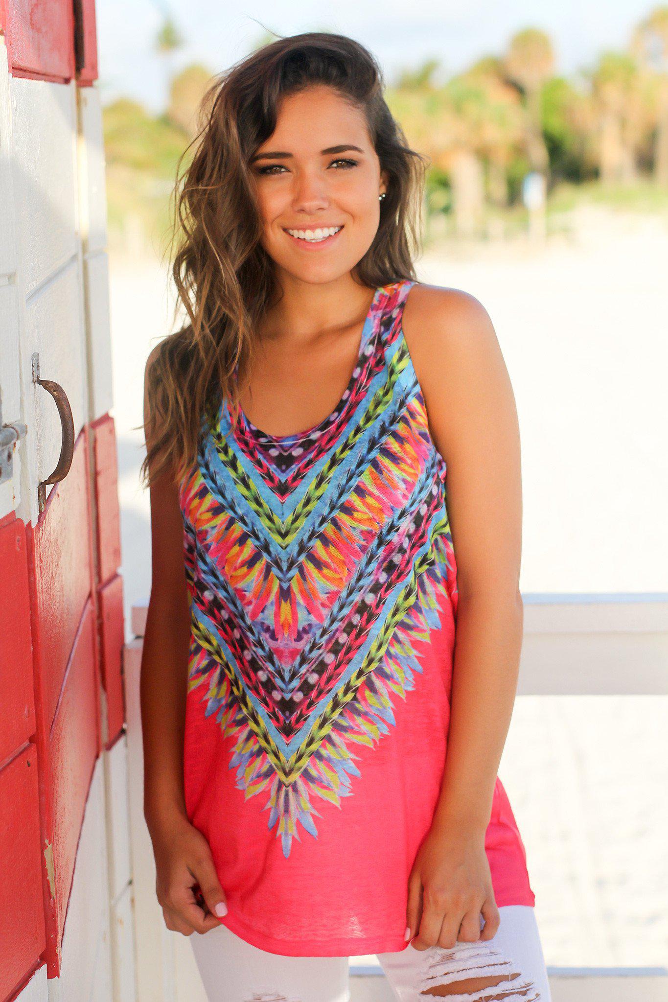 Stylish Coral Tribal Multi - Color Sleeveless Tank Top