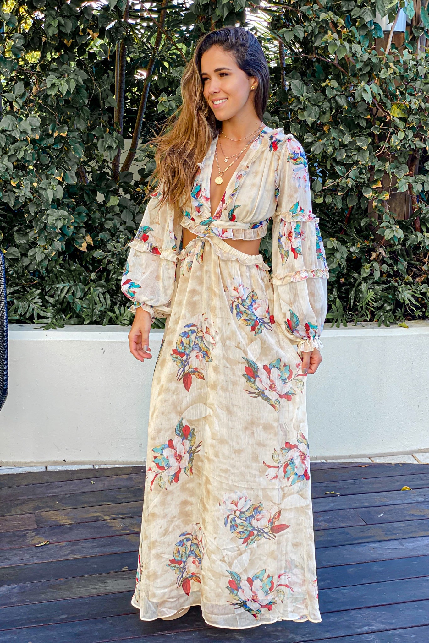 Stylish Cream Floral Print Ruffled Maxi Dress for Women