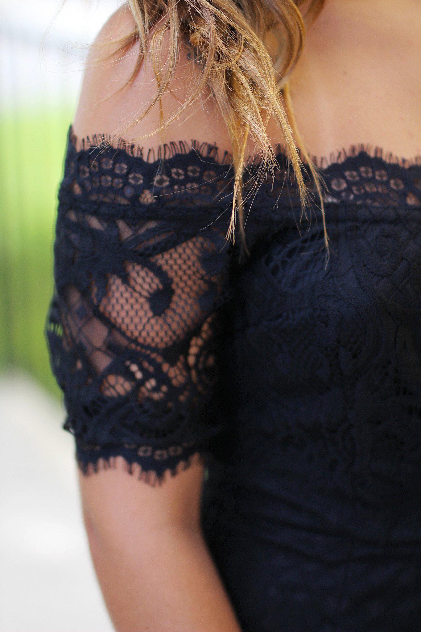 Stylish Black Off-Shoulder Short Lace Dress with Frayed Hem