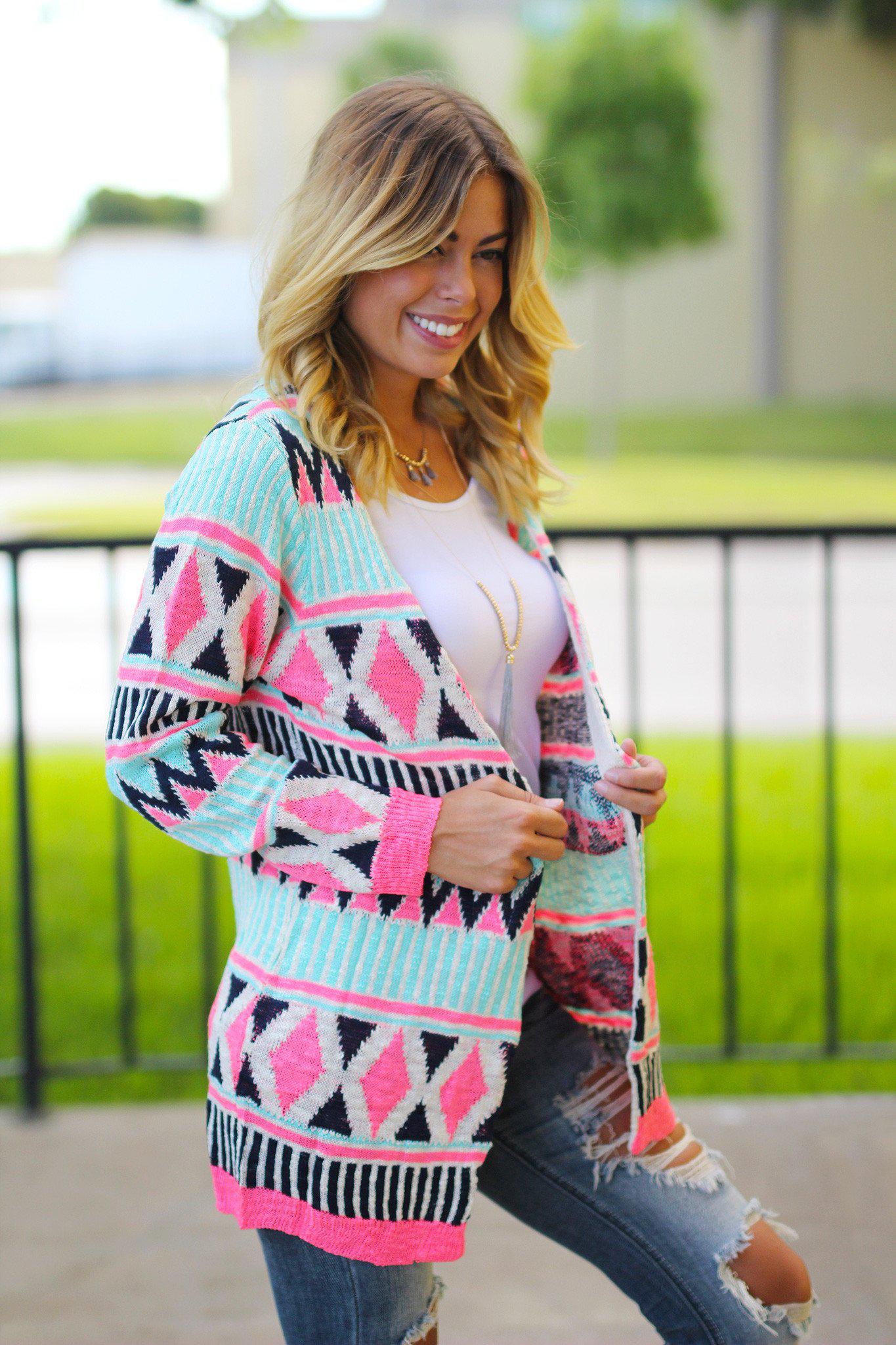 Stylish Mint and Neon Pink Knit Open Cardigan for Fall and Winter