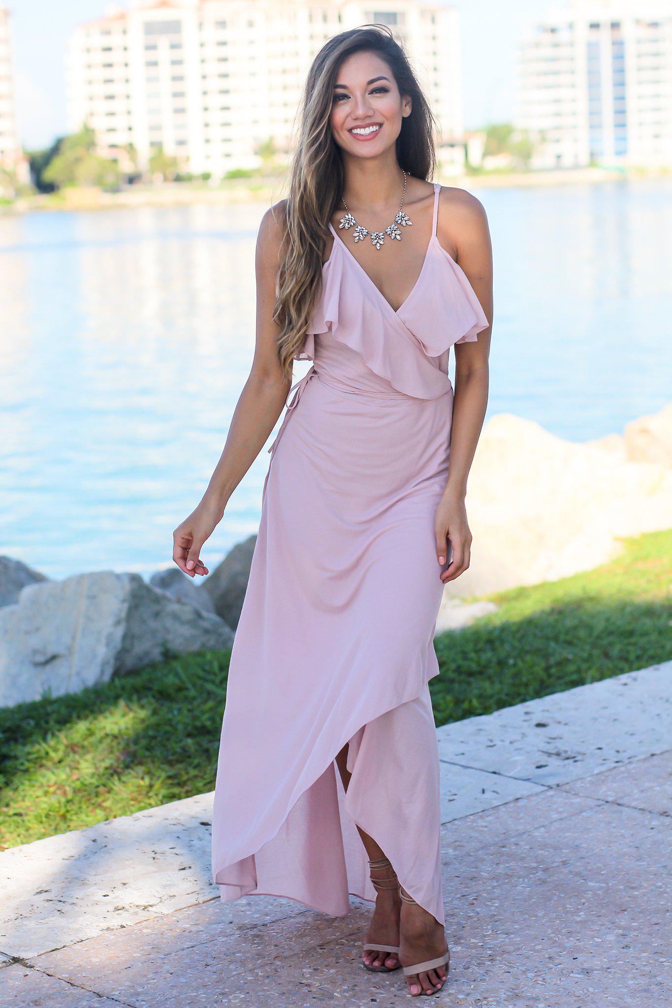 Elegant Blush-Colored High Low Wrap Dress with Ruffles for Special Occasions