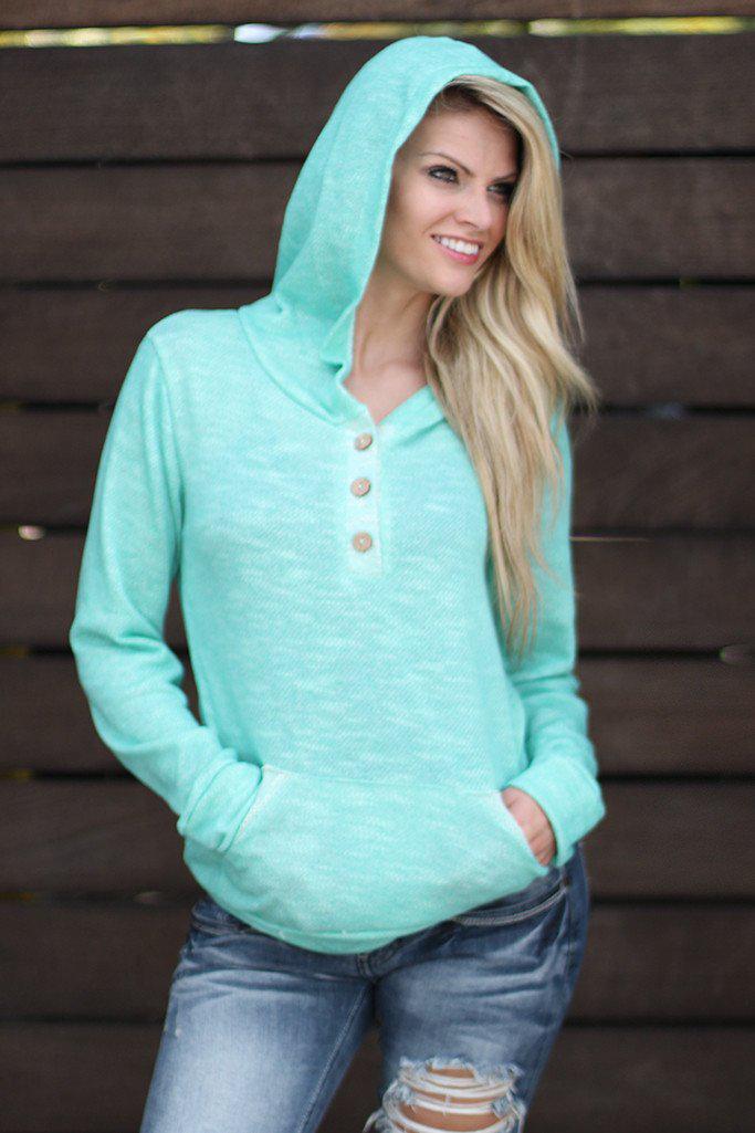 Stylish Mint-Colored Buttoned Hoodie with Convenient Pockets