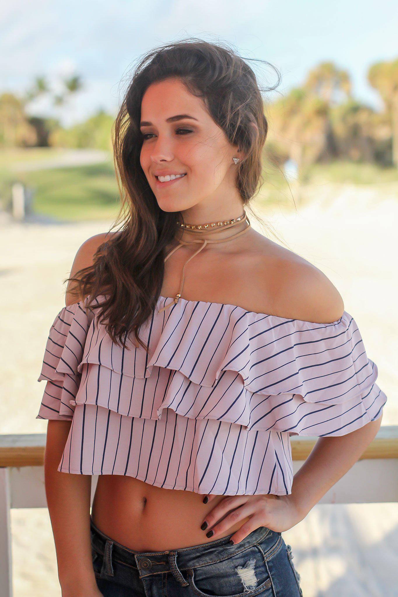 Stylish Mauve and Navy Striped Off - Shoulder Ruffled Crop Top