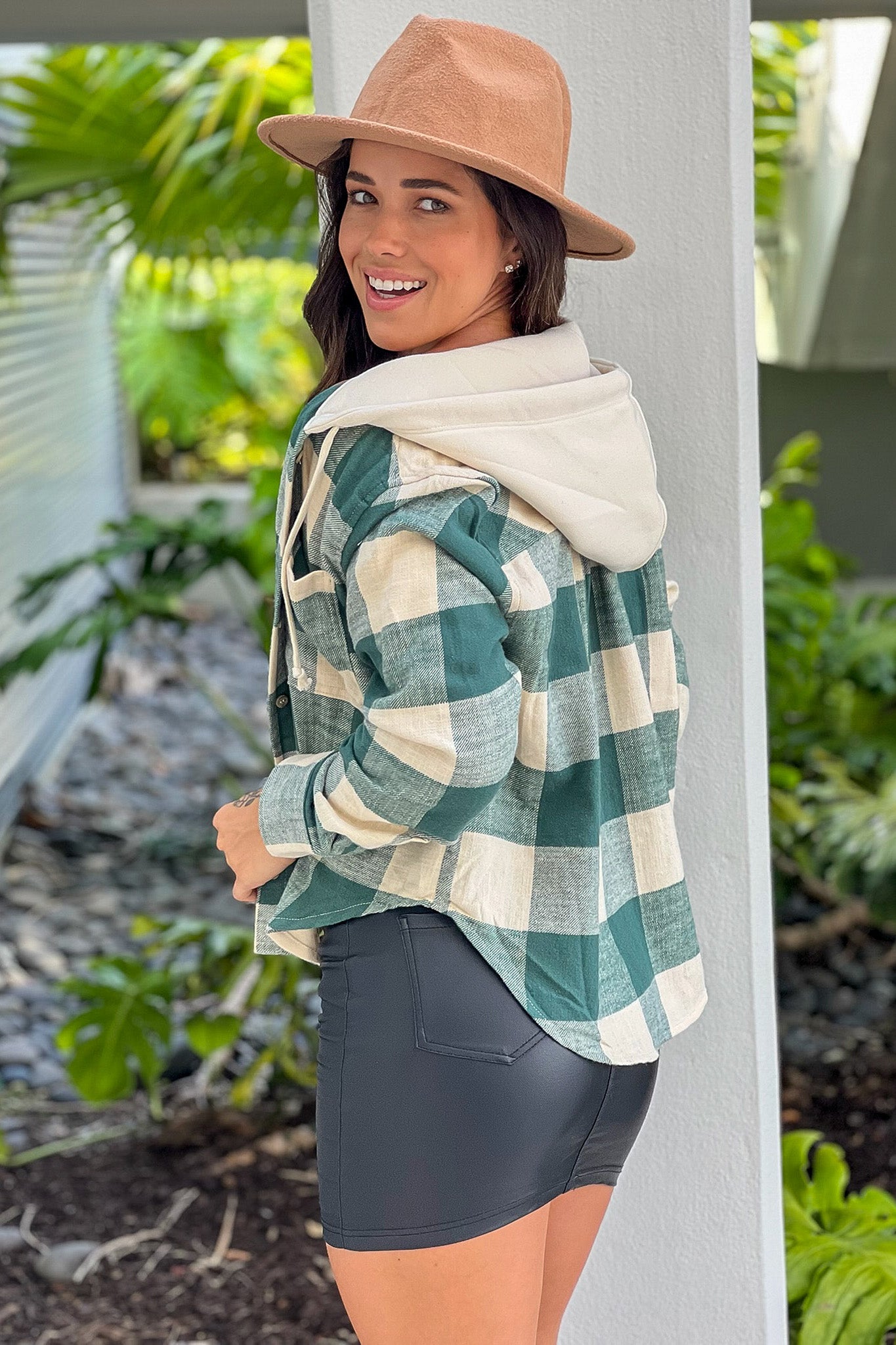 Stylish Hunter Green and Cream Plaid Pattern Hooded Cotton-Polyester Jacket for Fall/Winter