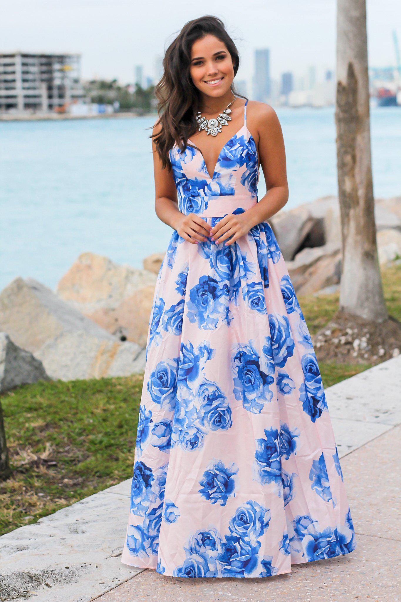 Formal Blush and Azure Floral Maxi Dress with Criss Cross Back Design