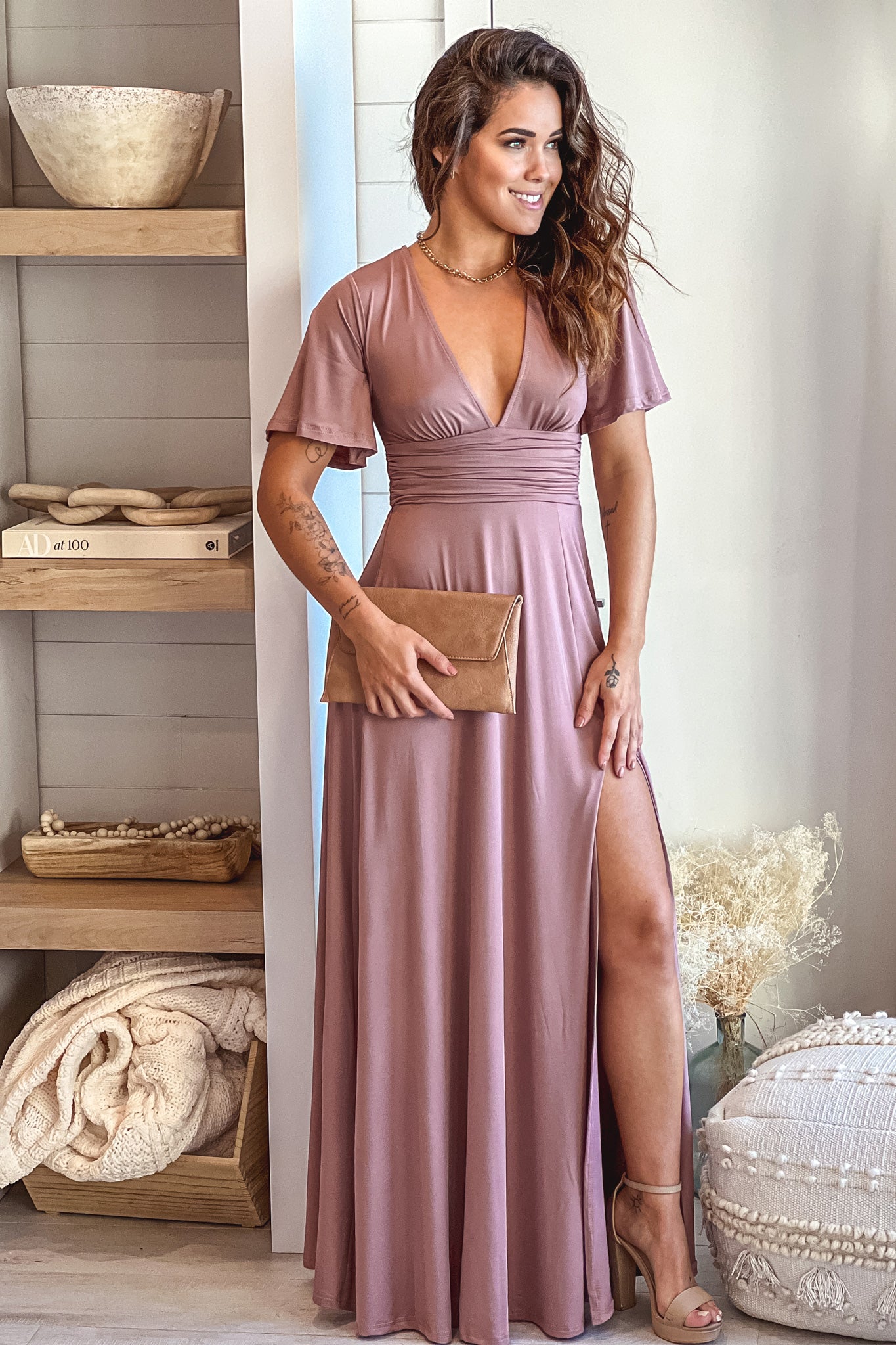 Stylish Blush Maxi Dress with Side Slit, Short Bell Sleeves and Ruched Waist