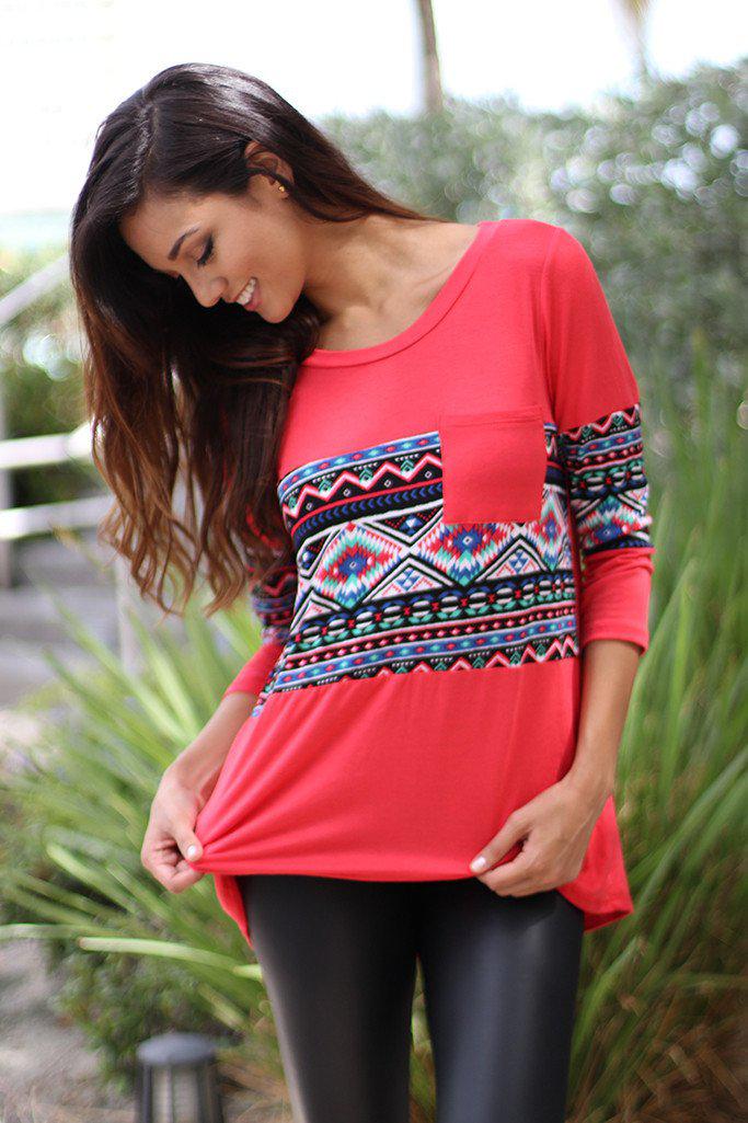 Stylish All - Year Coral Aztec Printed Lightweight Top