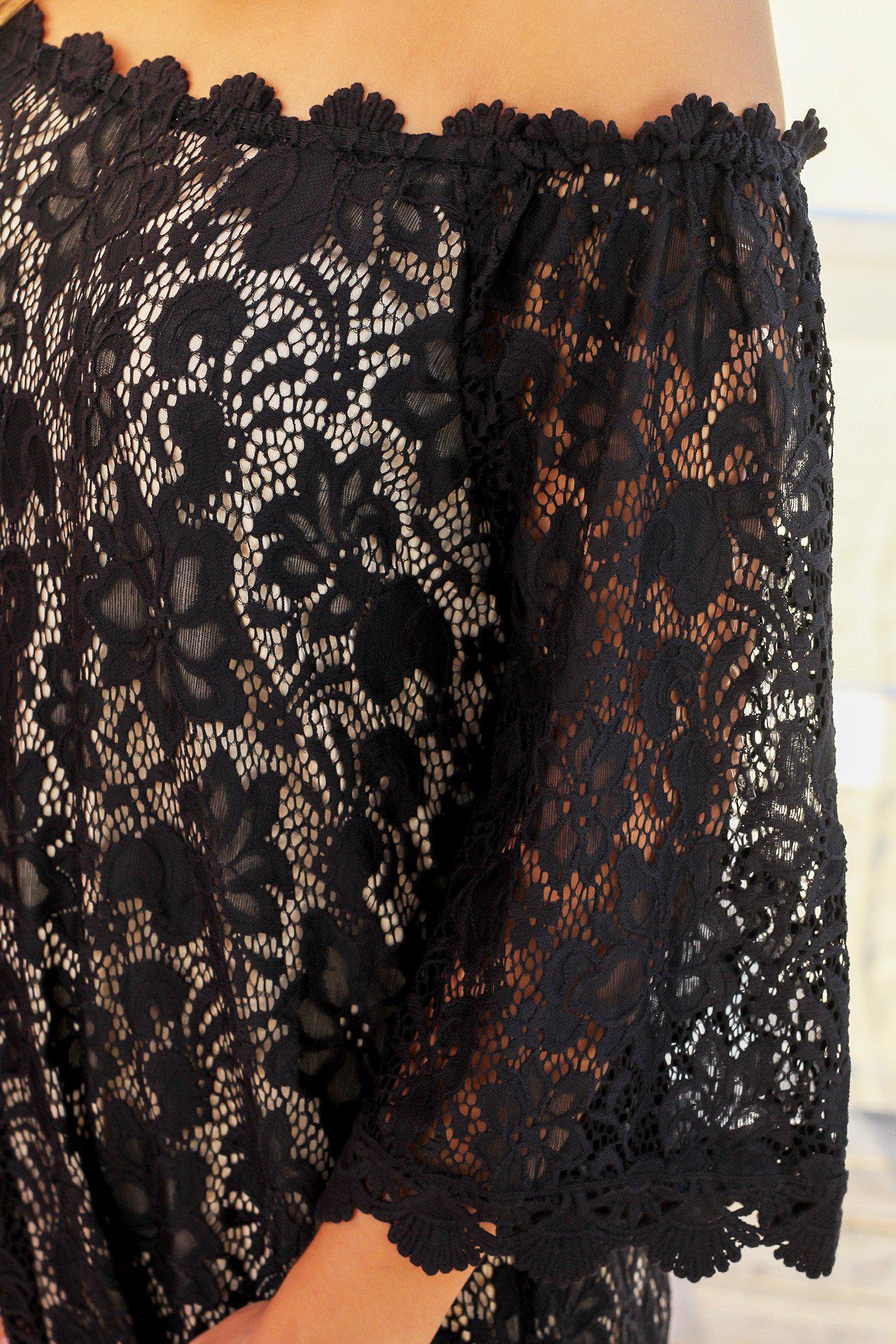Stylish Black Off - Shoulder Short Lace Dress with 3/4 Sleeves