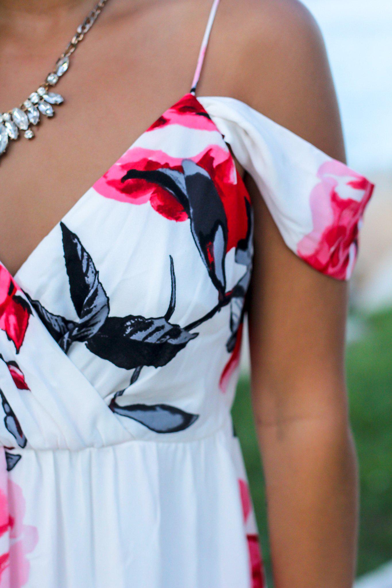 Stunning Ivory and Red Floral Cold - Shoulder Open - Back Maxi Dress