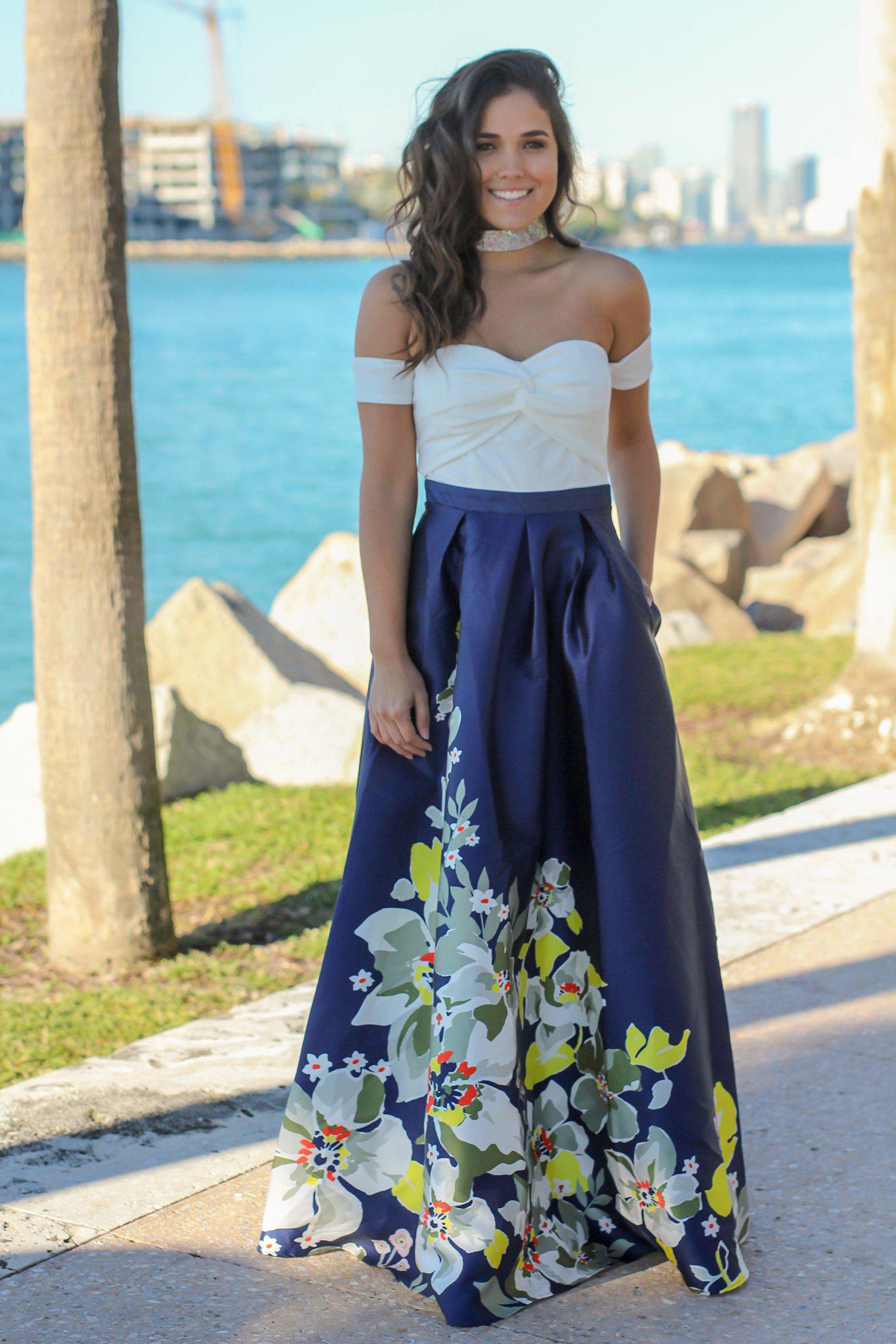 Elegant Ivory and Navy Floral Off - Shoulder Long Maxi Dress for Special Occasions