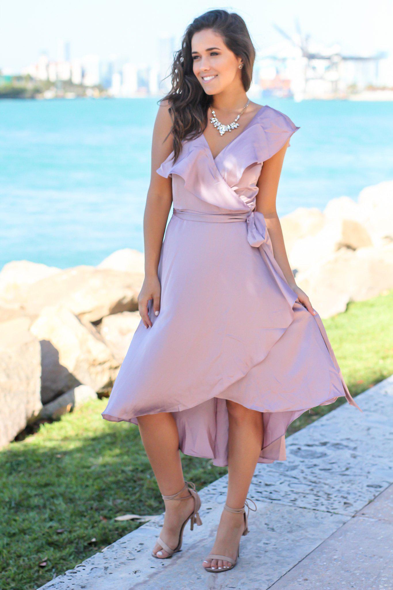 Gorgeous Mauve Wrap Dress with Elegant Ruffle Details