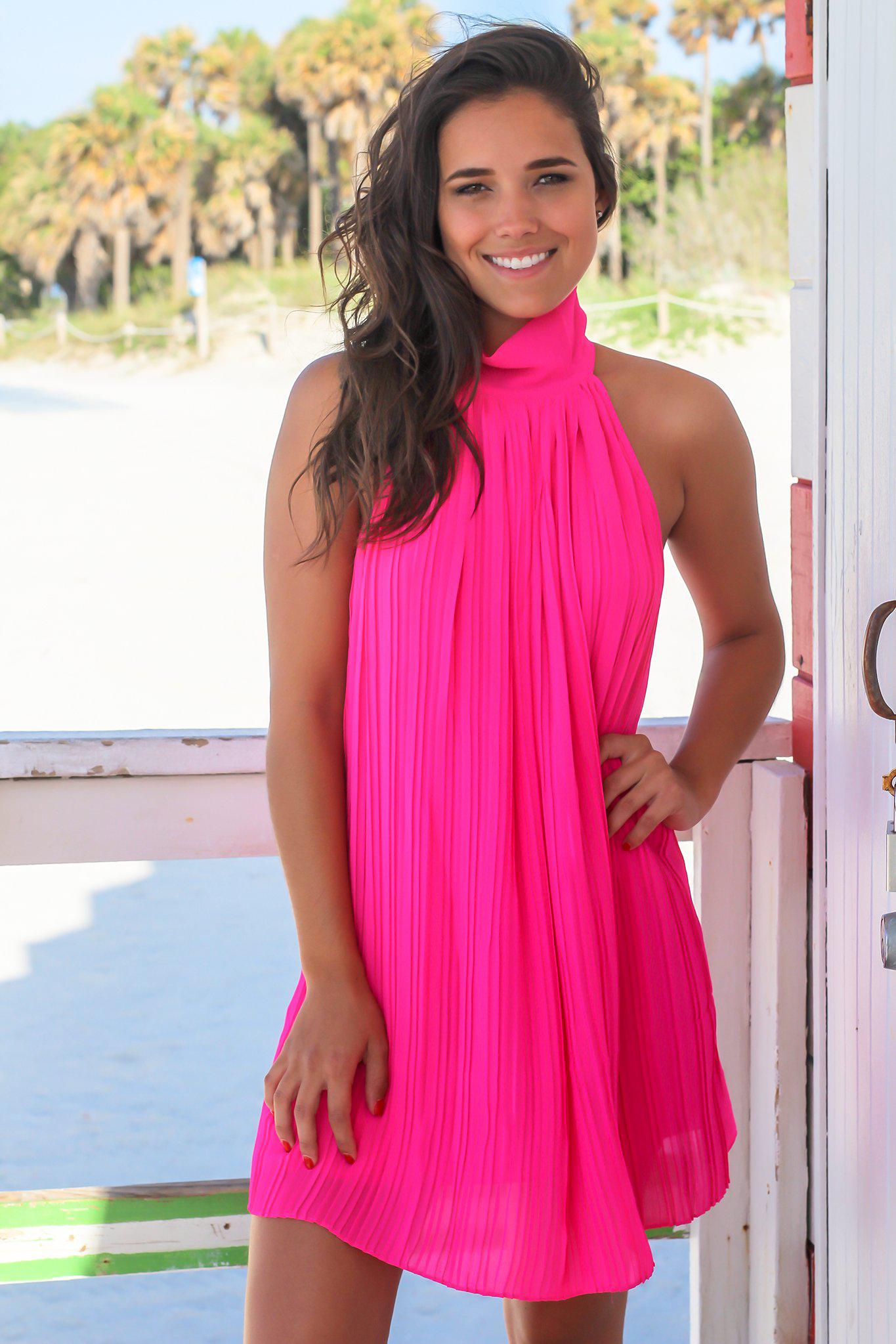 Stunning Hot Pink High Neck Pleated Women's Short Dress