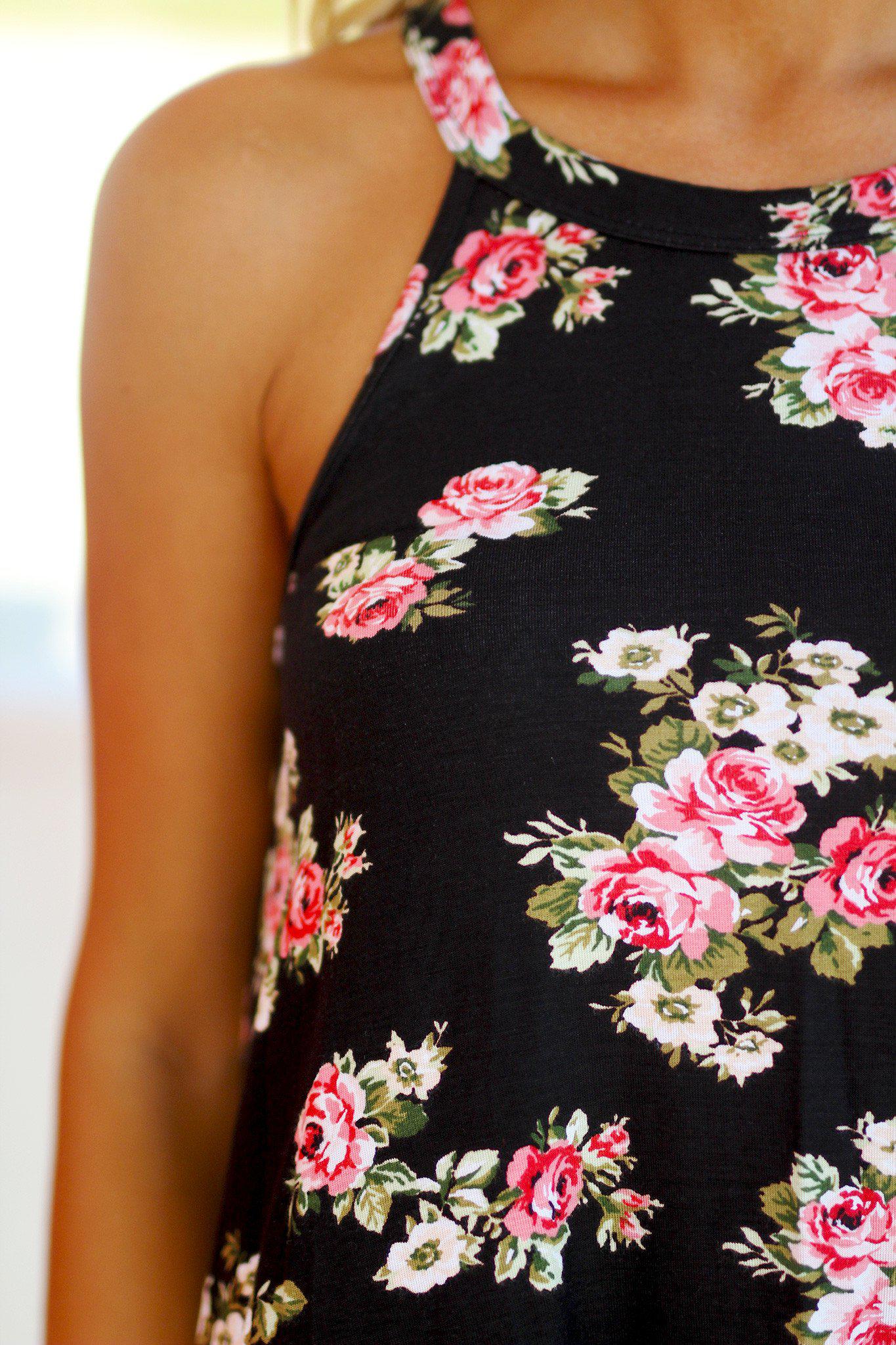 Black and White Floral Design High Neck Women's Blouse Top