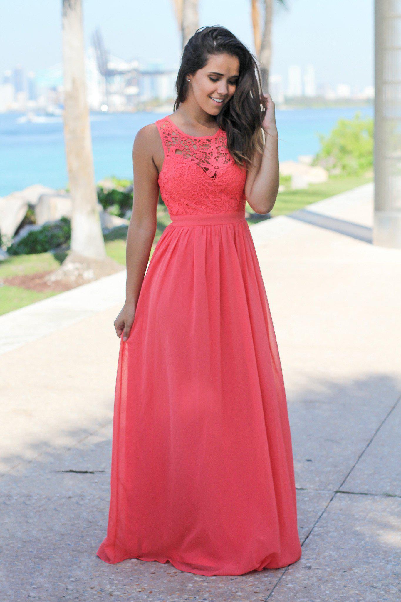 Elegant Coral Open-Back Crochet Maxi Dress for Special Occasions