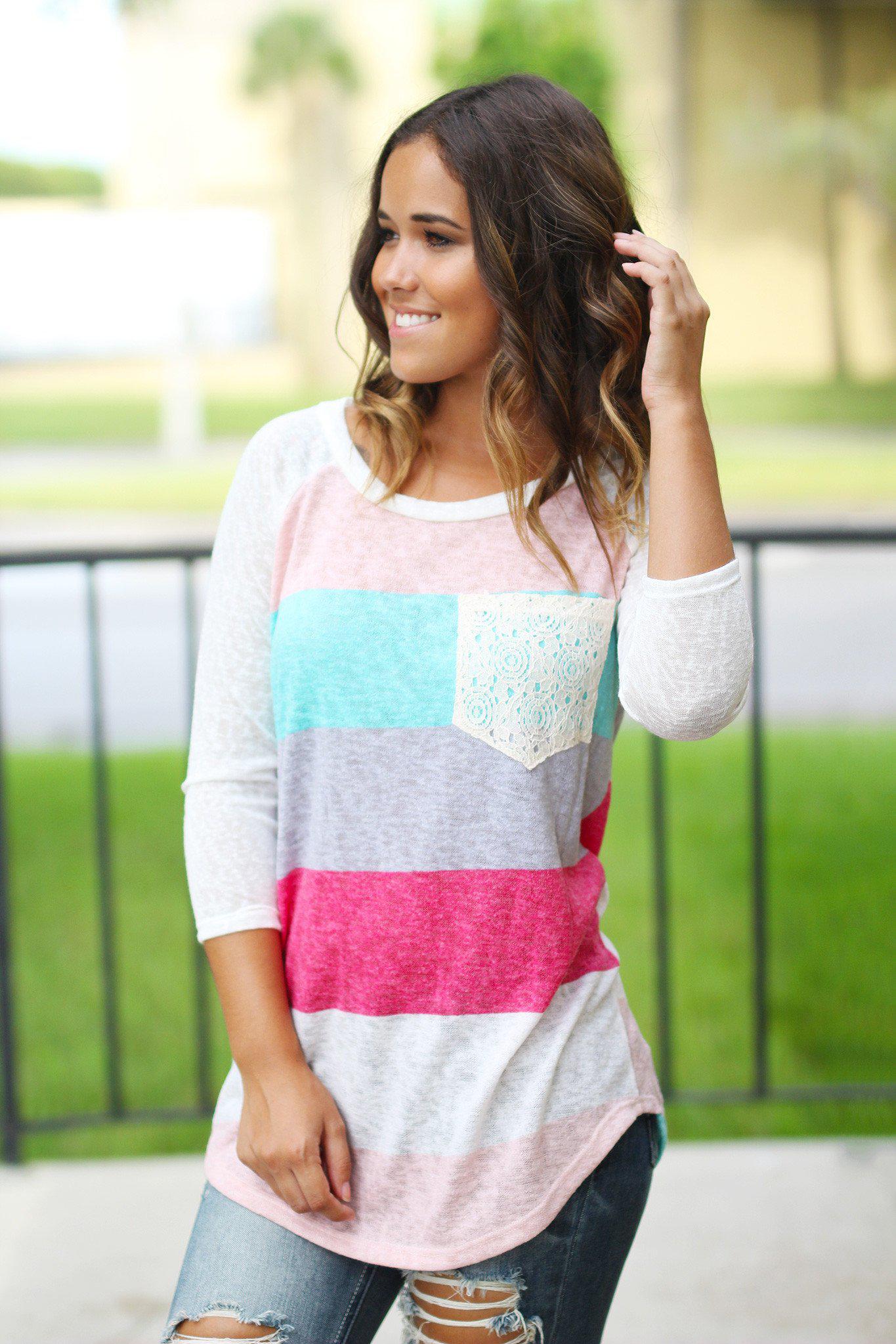 Stylish Coral and Mint Colored Women's Crochet Pocketed Top