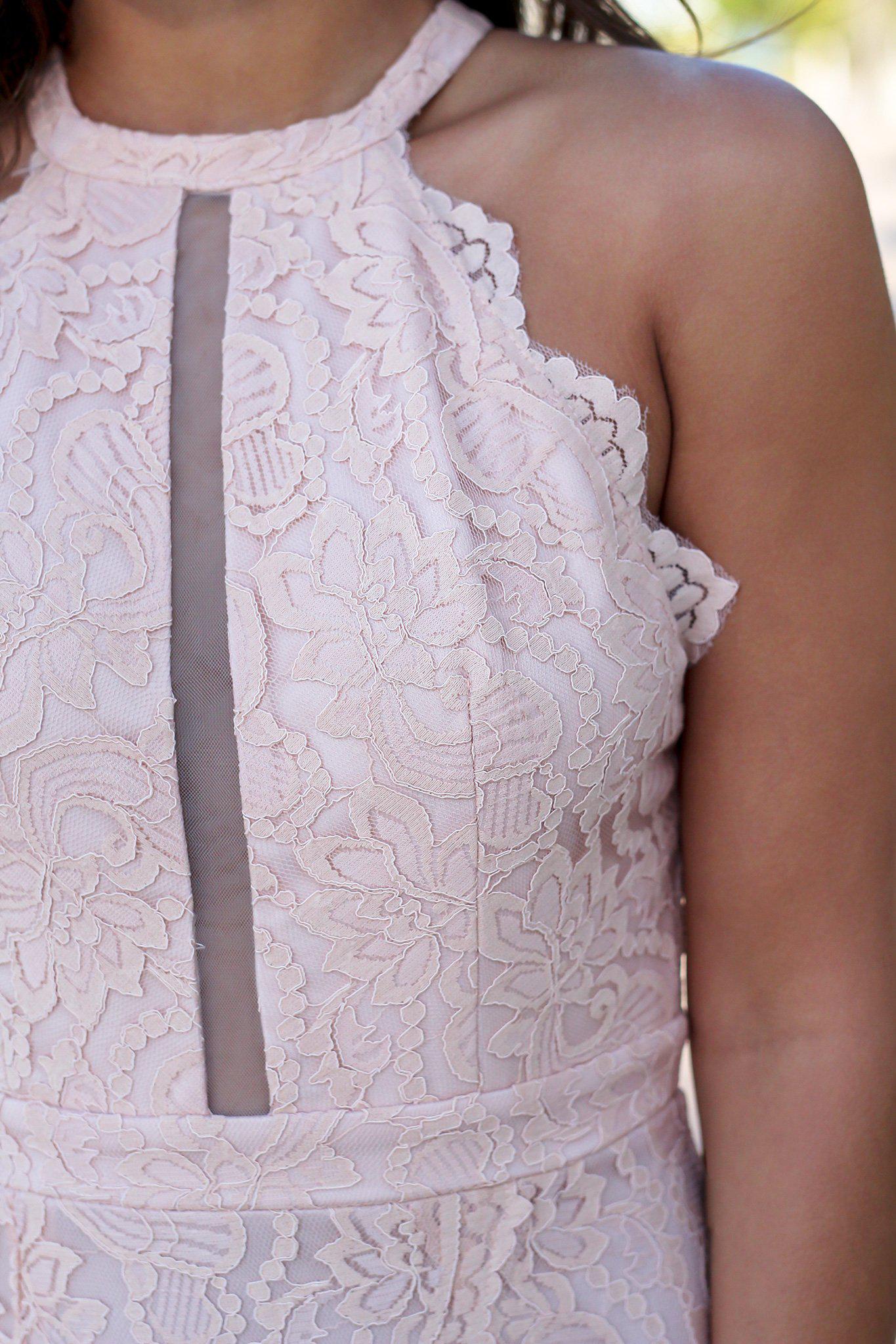 Stunning Blush High - Neck Lace Side - Slit Maxi Dress