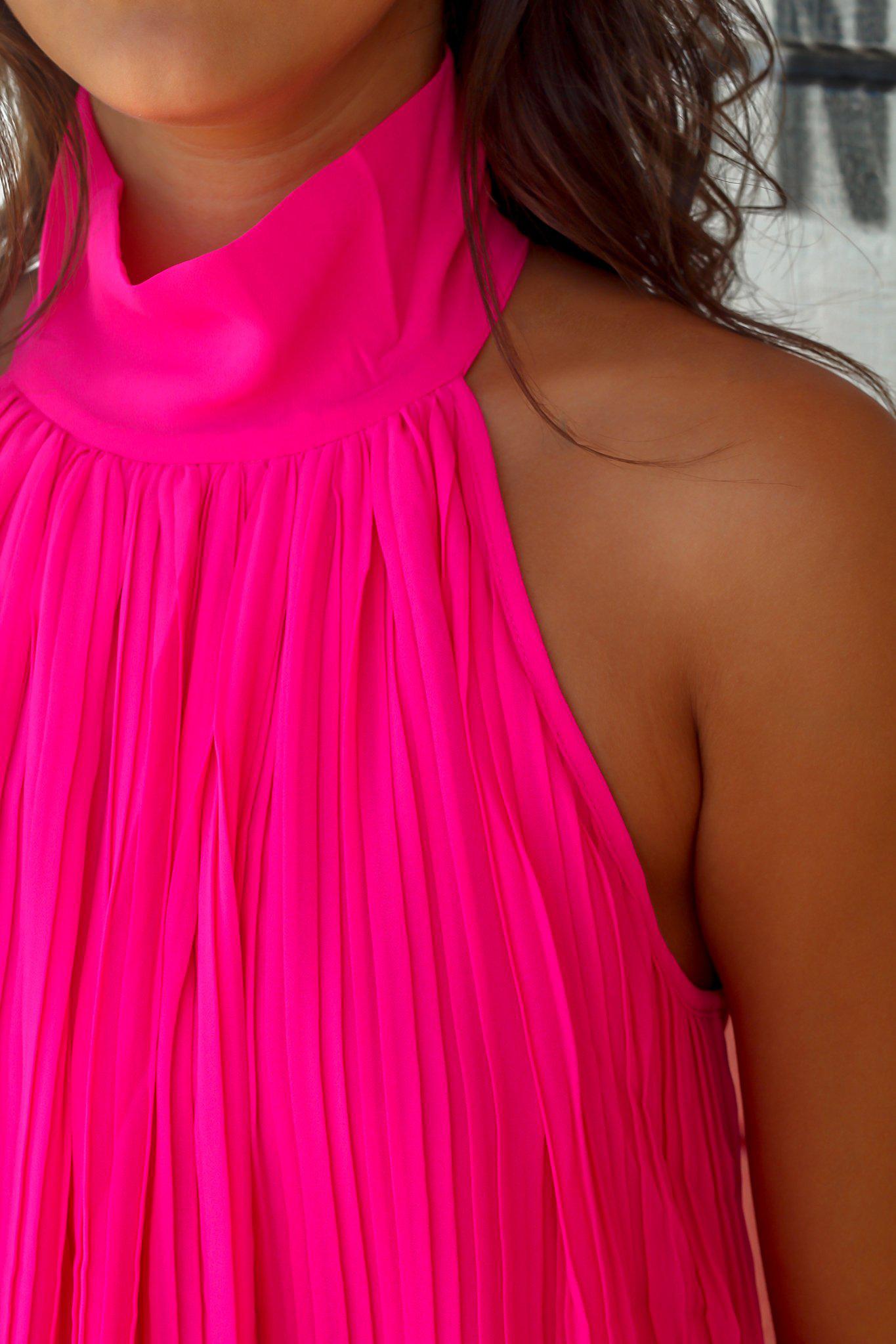 Stunning Hot Pink High Neck Pleated Women's Short Dress
