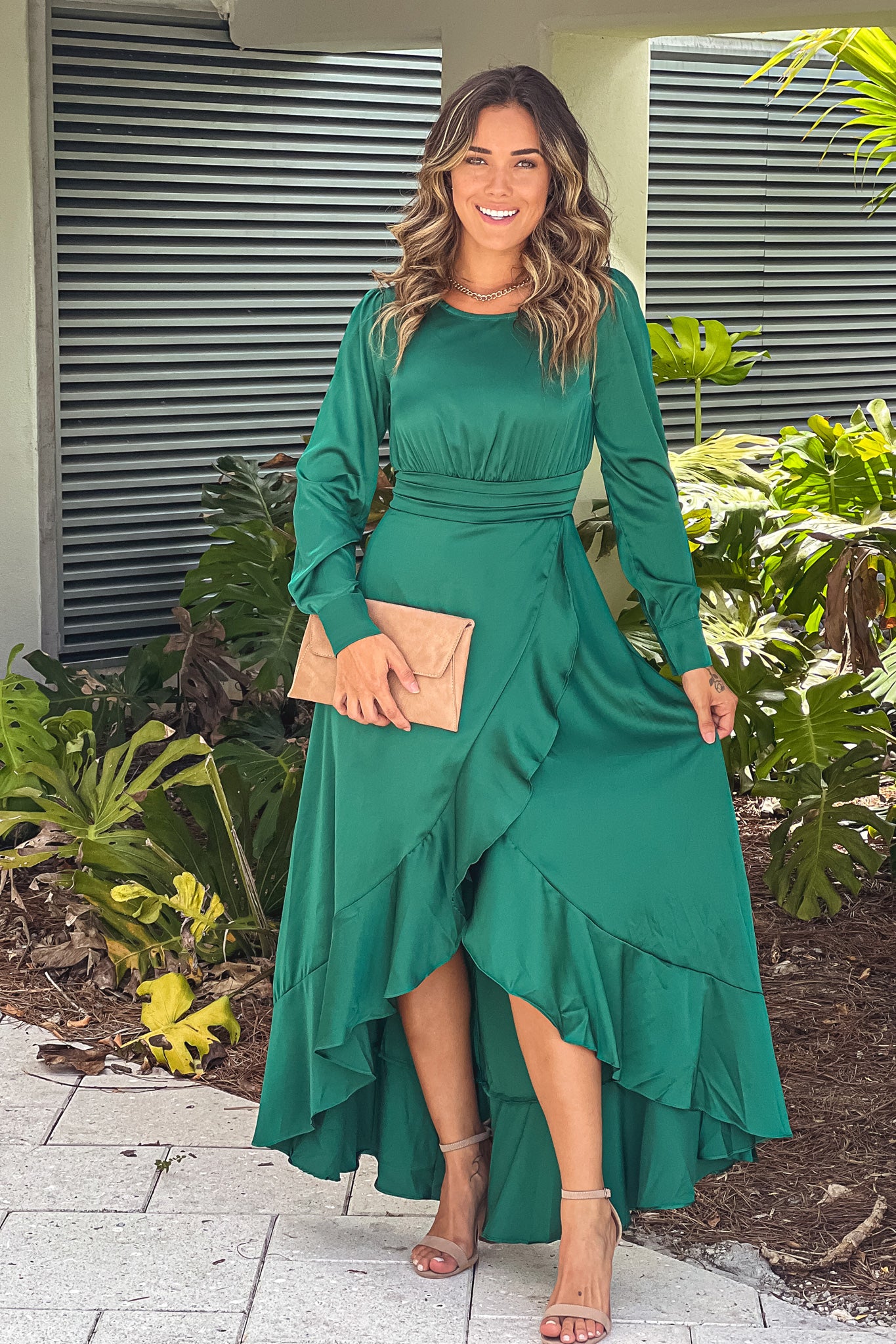 Stunning Hunter Green Satin Formal Maxi Dress Featuring Slit, Long Sleeves, Waist Ruching and Ruffles